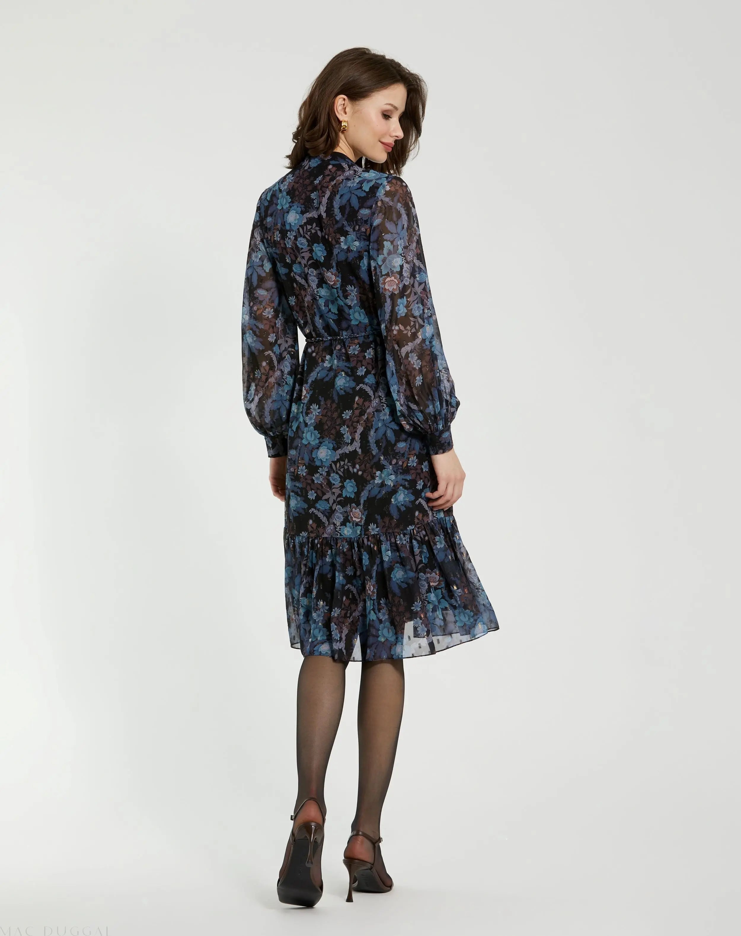 Blue Lurex Chiffon Bishop Sleeve Button Up Midi Dress - Mac Duggal