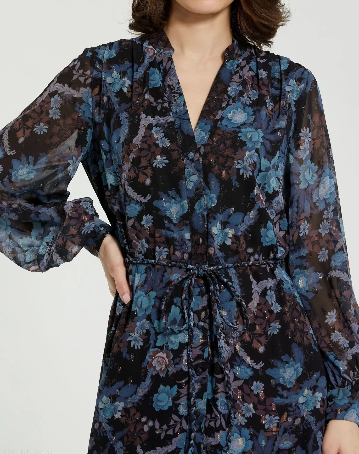 Blue Lurex Chiffon Bishop Sleeve Button Up Midi Dress - Mac Duggal