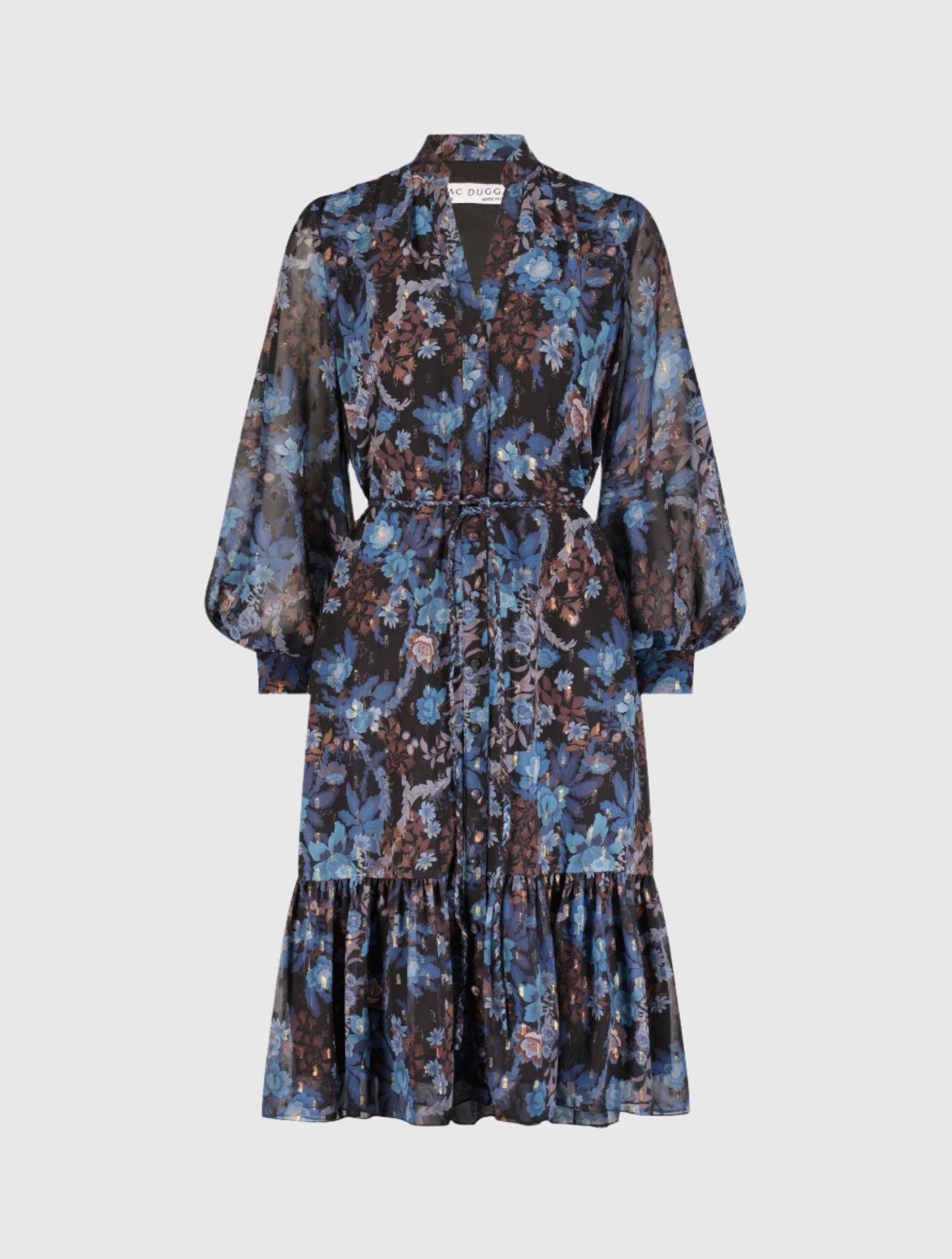 Lurex Chiffon Bishop Sleeve Button Up Midi Dress