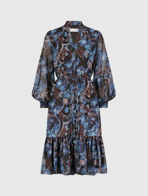 Lurex Chiffon Bishop Sleeve Button Up Midi Dress