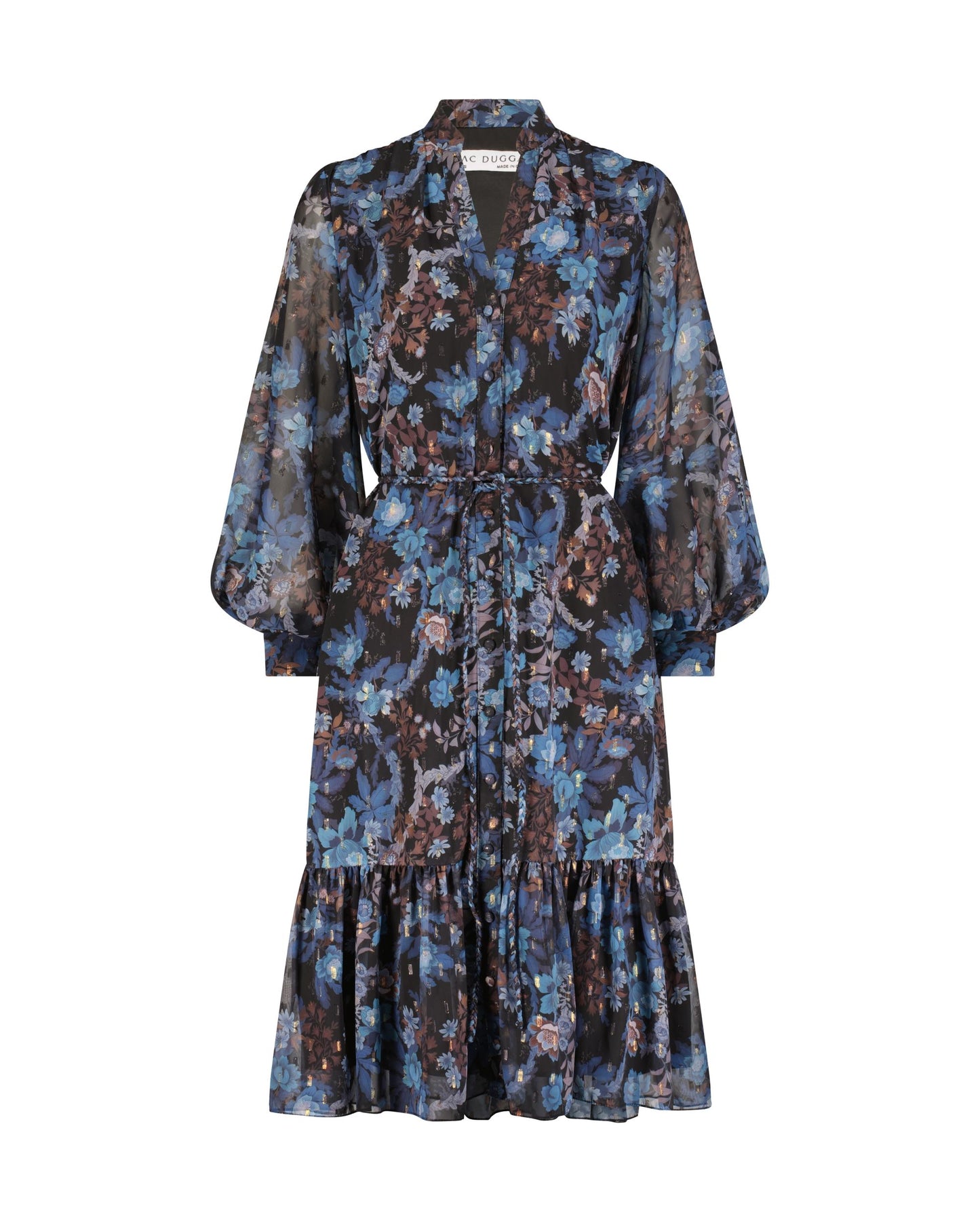 Lurex Chiffon Bishop Sleeve Button Up Midi Dress