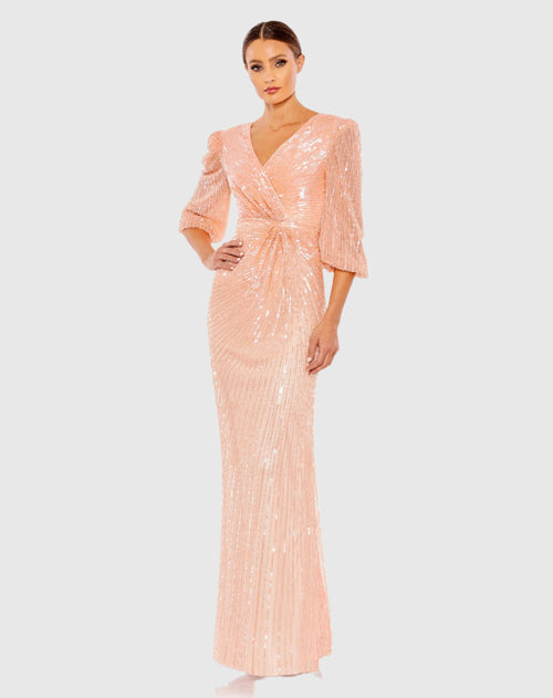 Sequined Faux Wrap Puff Sleeve Gown