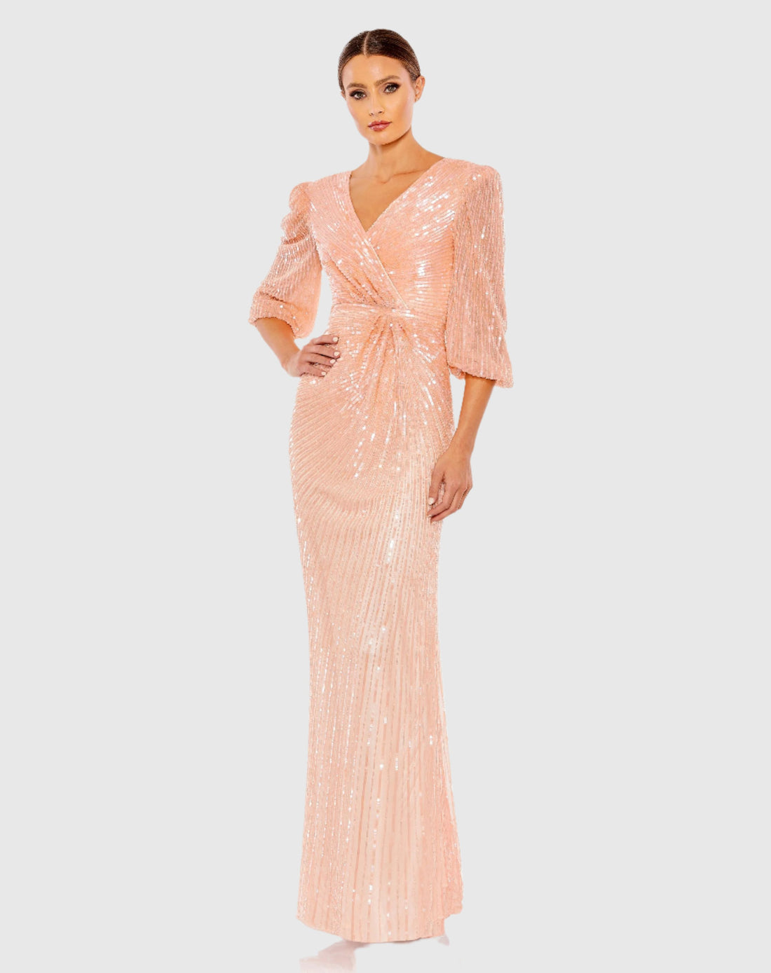 Sequined Faux Wrap Puff Sleeve Gown