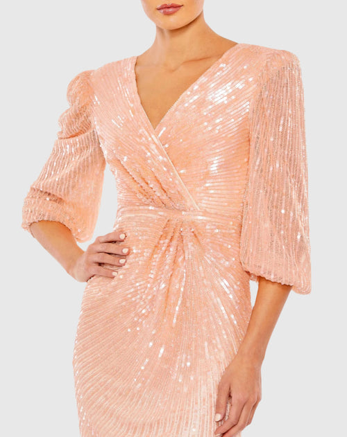 Sequined Faux Wrap Puff Sleeve Gown