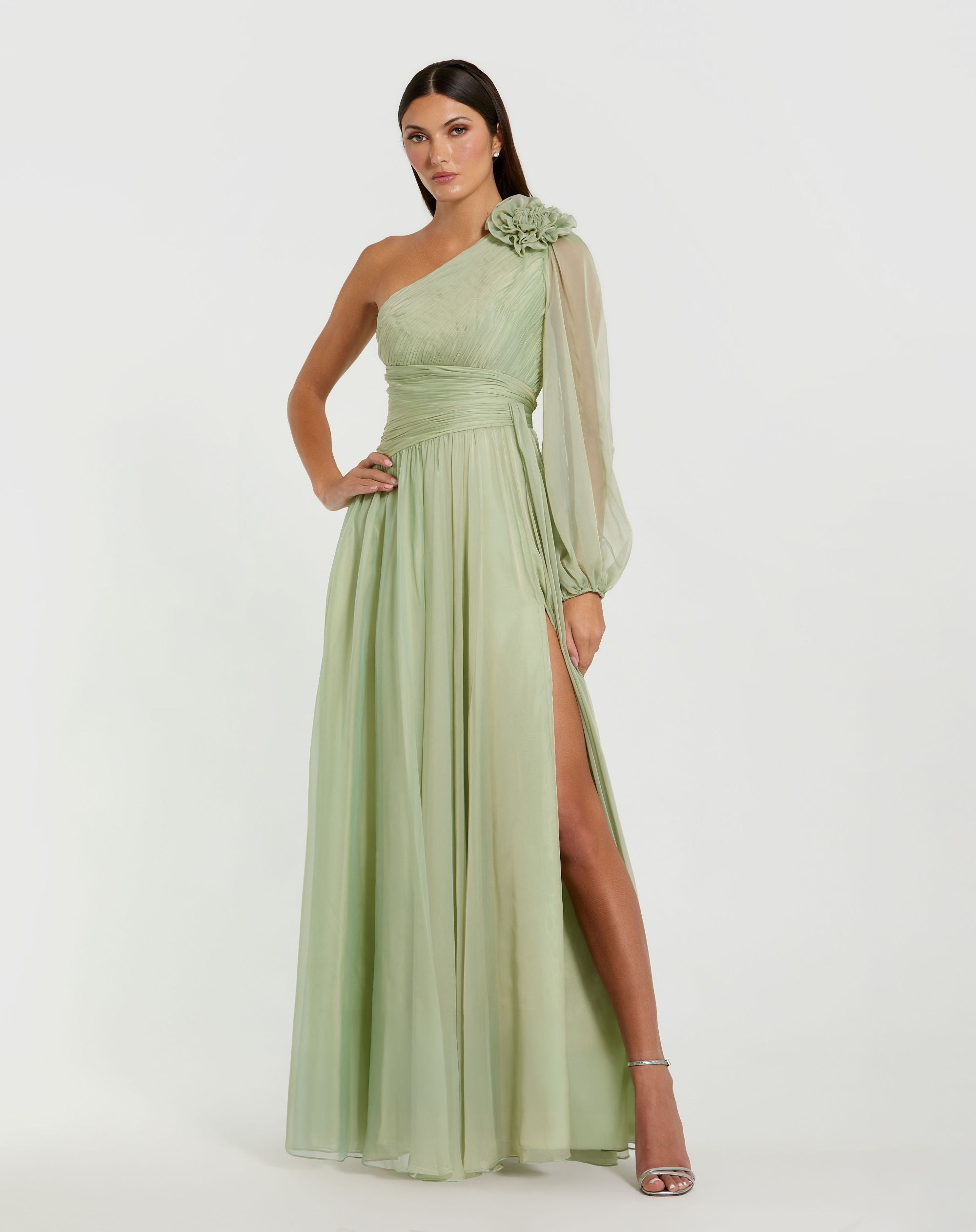 Green One Shoulder 3D Flower Gown With Slit Ieena for Mac Duggal