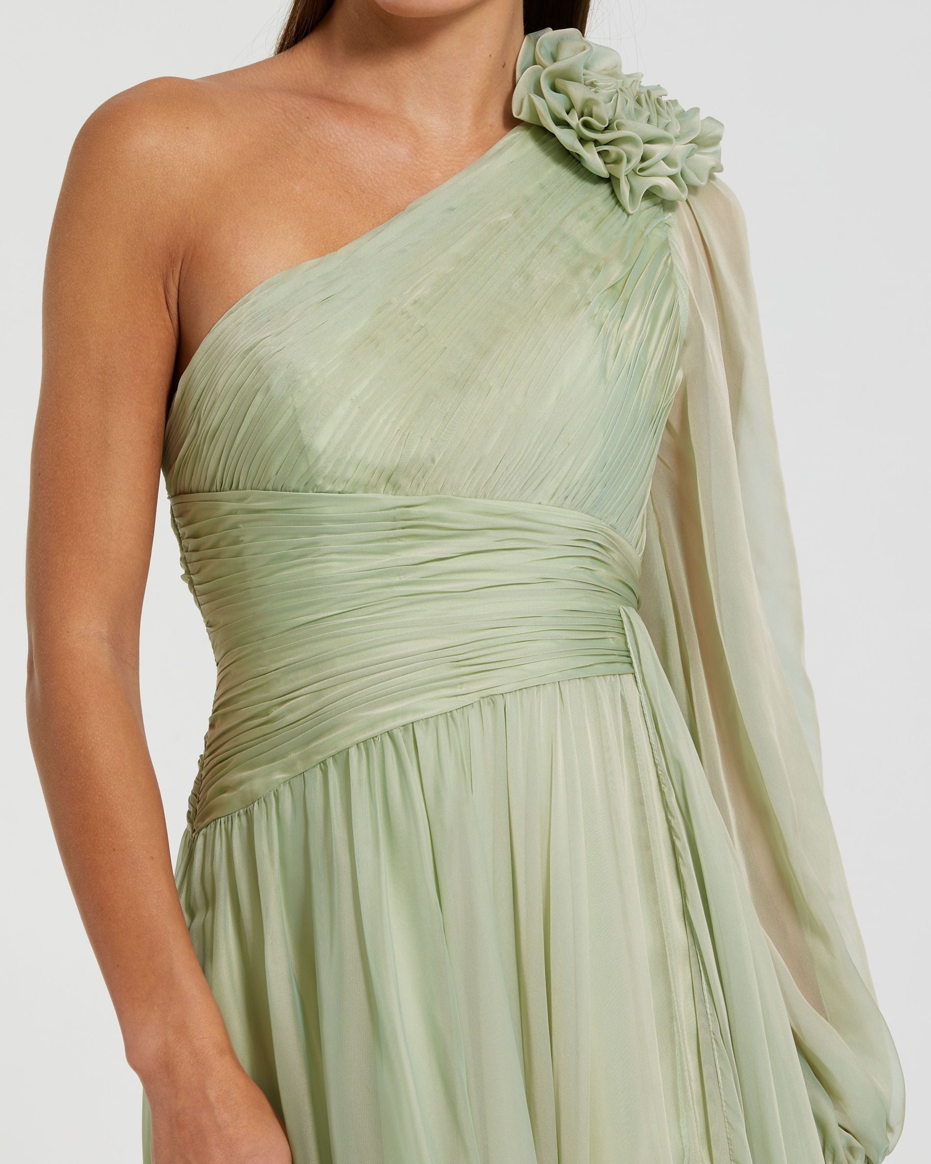 Green One Shoulder 3D Flower Gown With Slit Ieena for Mac Duggal