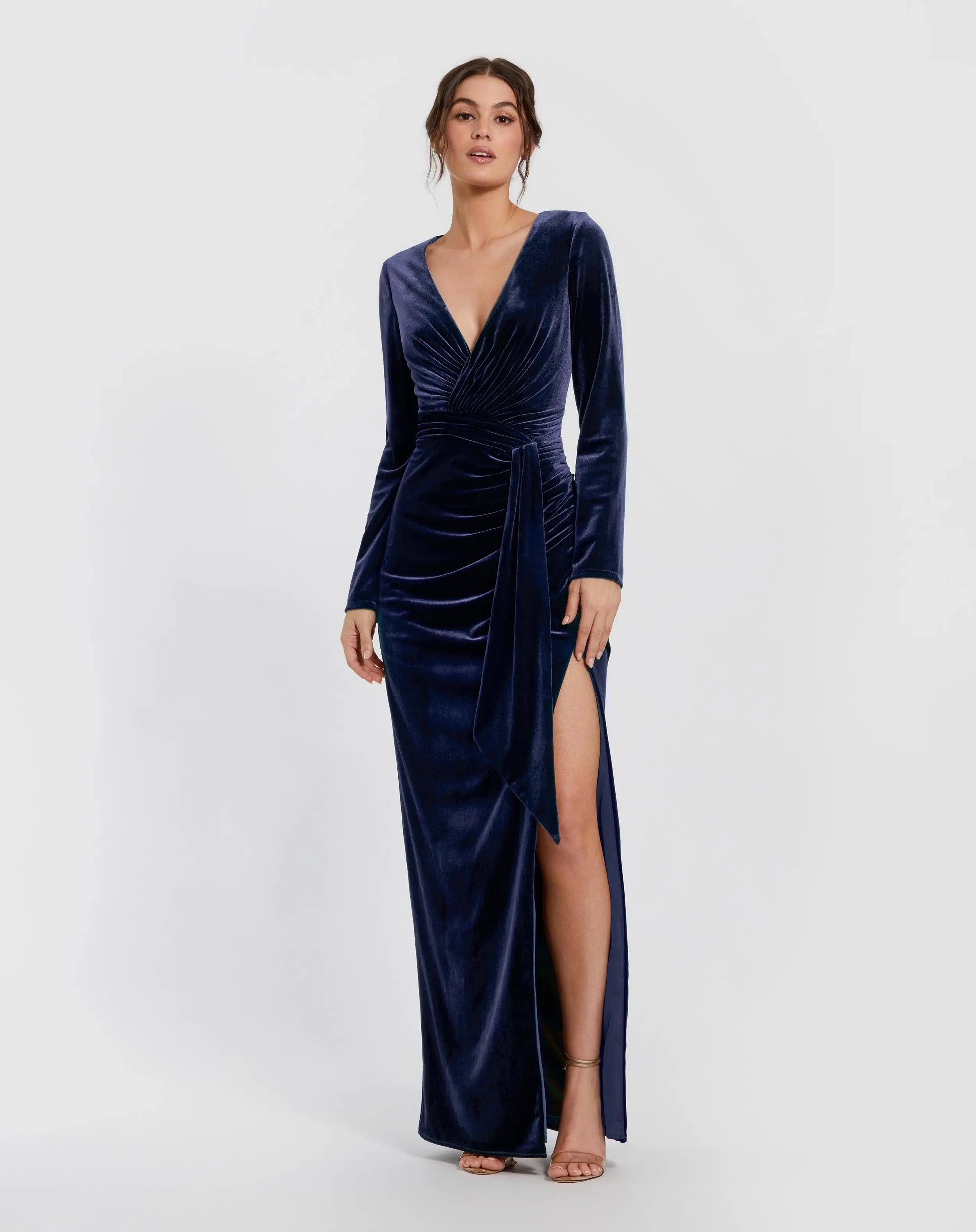 Dark Blue Ruched Velvet Column Evening Gown - Mac Duggal