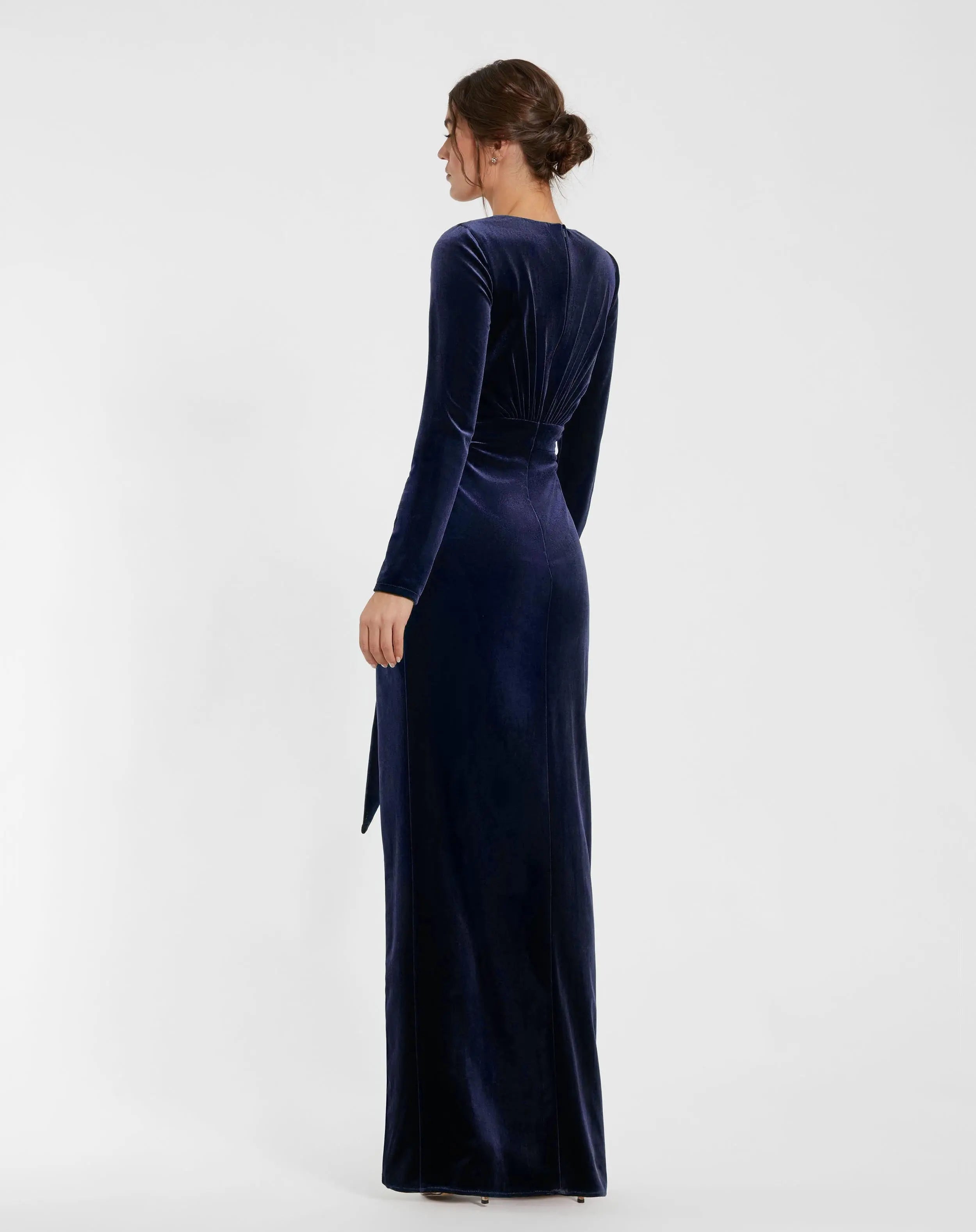 Dark Blue Ruched Velvet Column Evening Gown - Mac Duggal