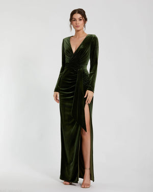 Dark Green Long Sleeve Satin Bow Draped Column Gown | Mac Duggal