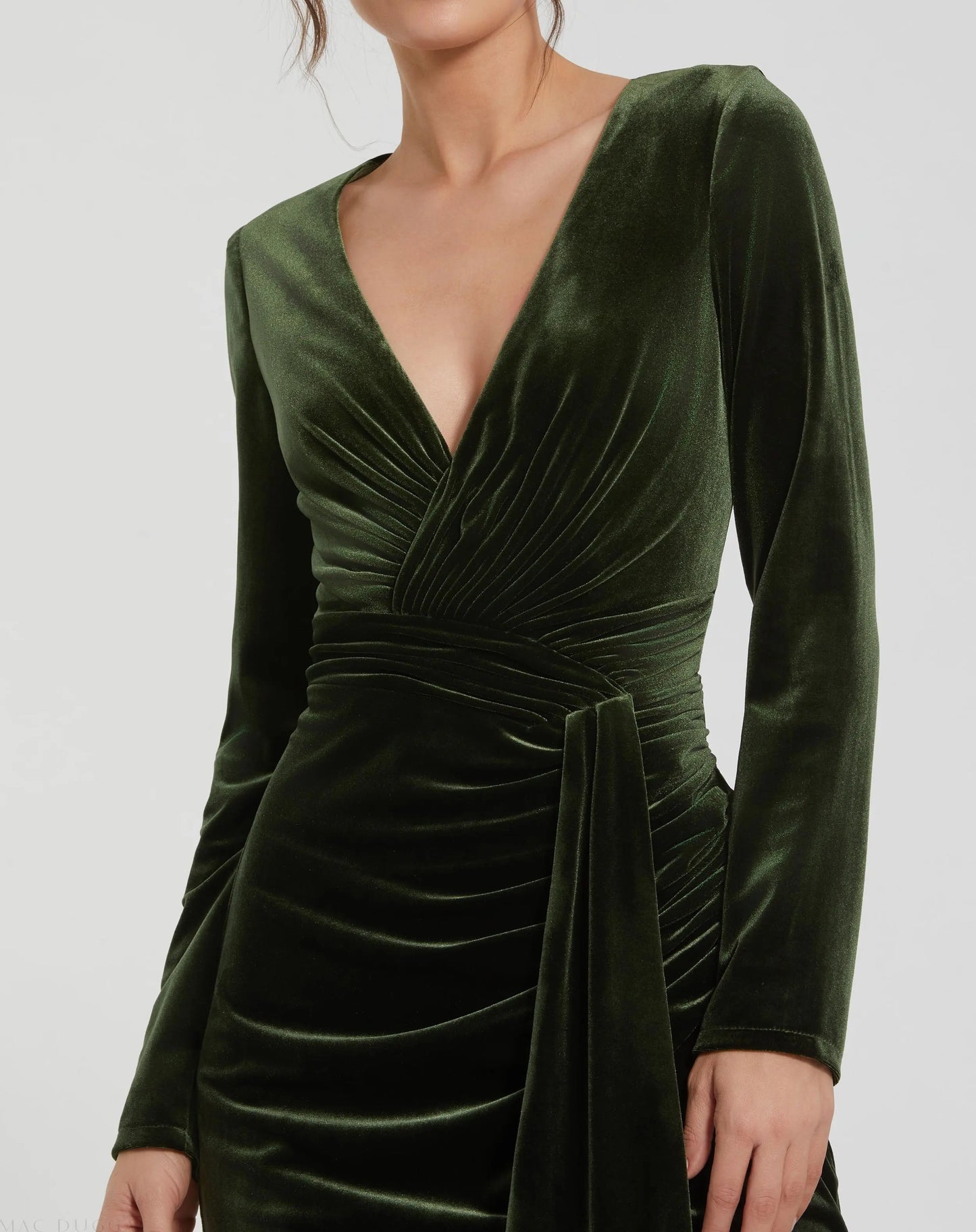 Green Ruched Velvet Column Evening Gown - Ieena for Mac Duggal