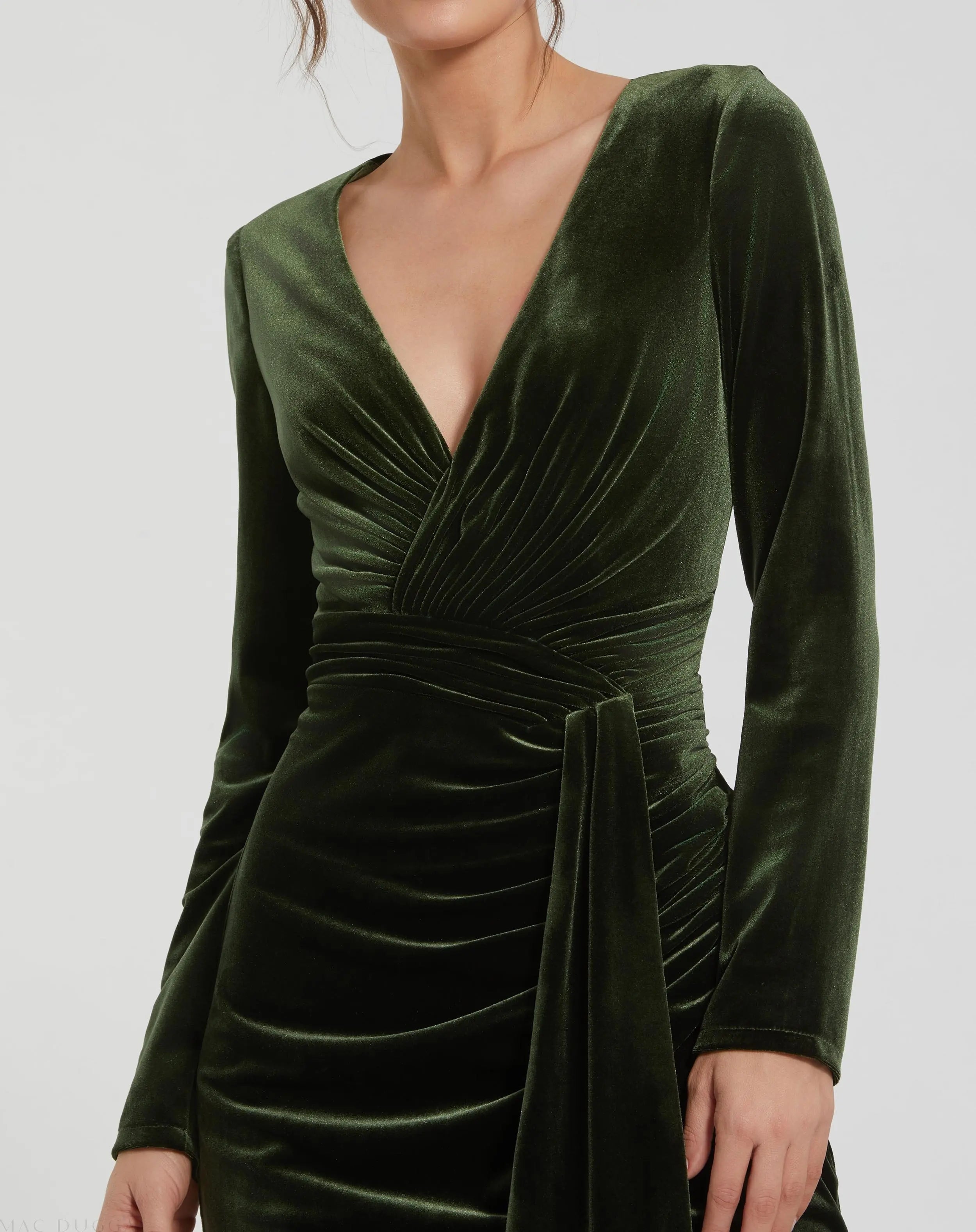 Green Ruched Velvet Column Evening Gown - Ieena for Mac Duggal