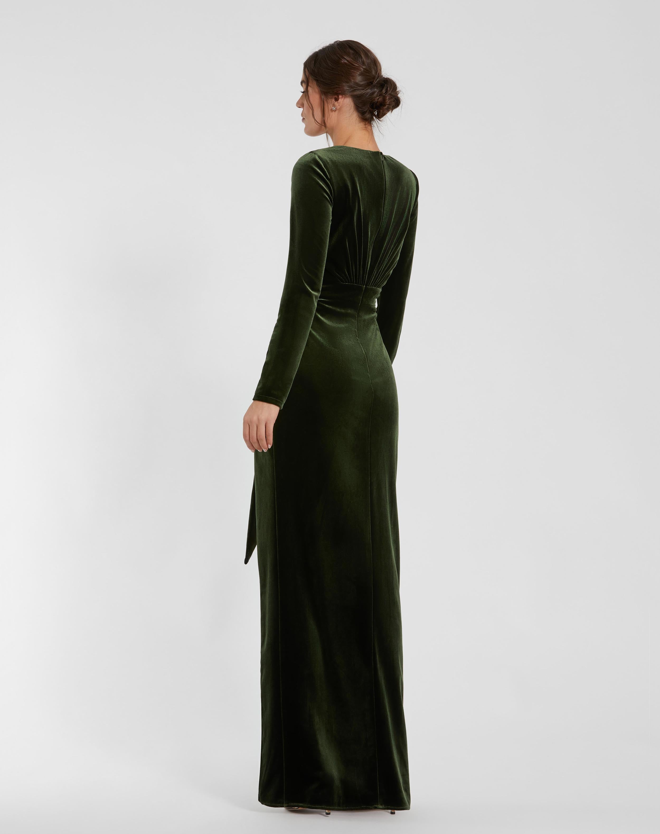 Long Sleeve Deep V Draped Velvet Gown