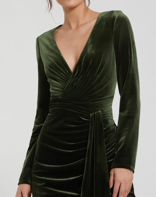 Long Sleeve Deep V Draped Velvet Gown