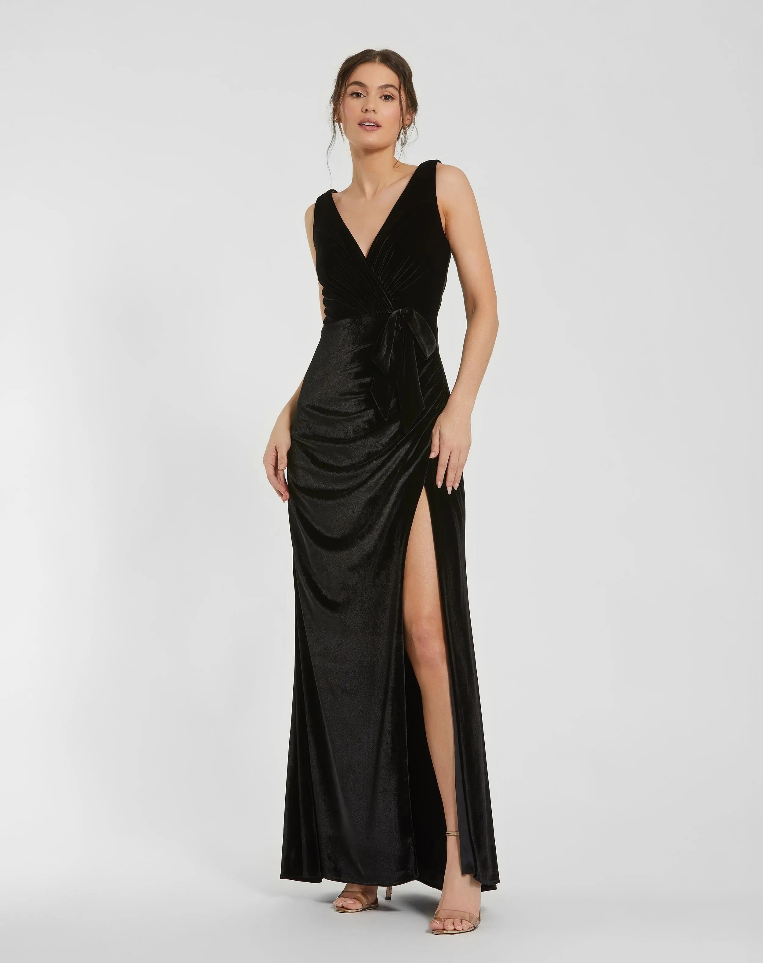Black Deep V High Slit Draped Velvet Fitted Gown - Ieena for Mac Duggal