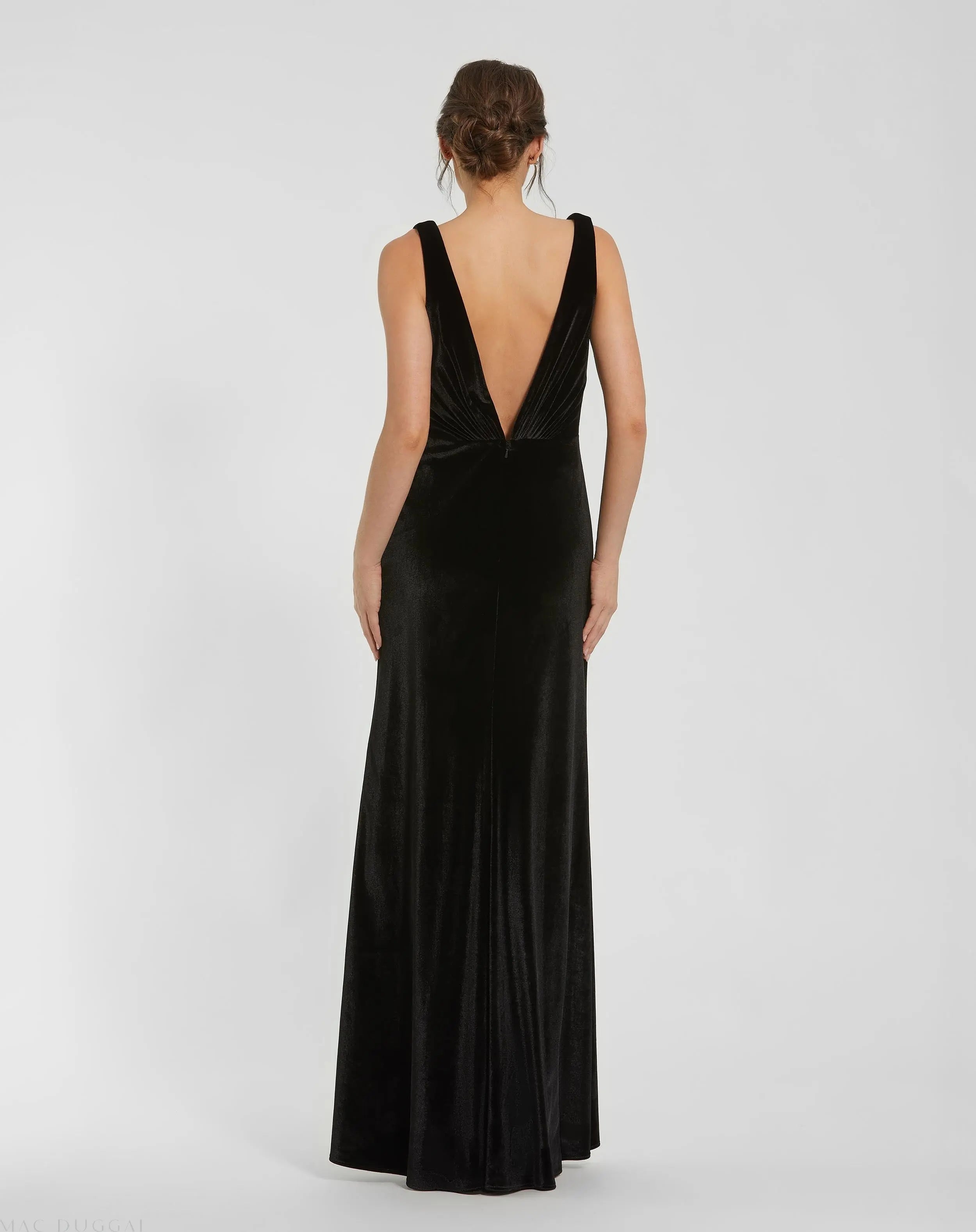 Black Deep V High Slit Draped Velvet Fitted Gown - Ieena for Mac Duggal