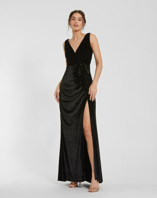 Deep V High Slit Draped Velvet Fitted Gown