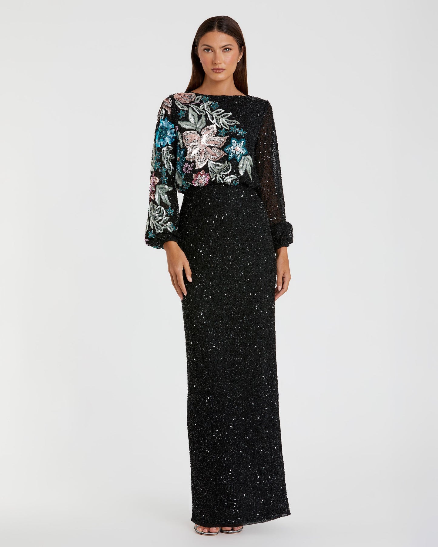 Black Embellished Floral High Neck Gown