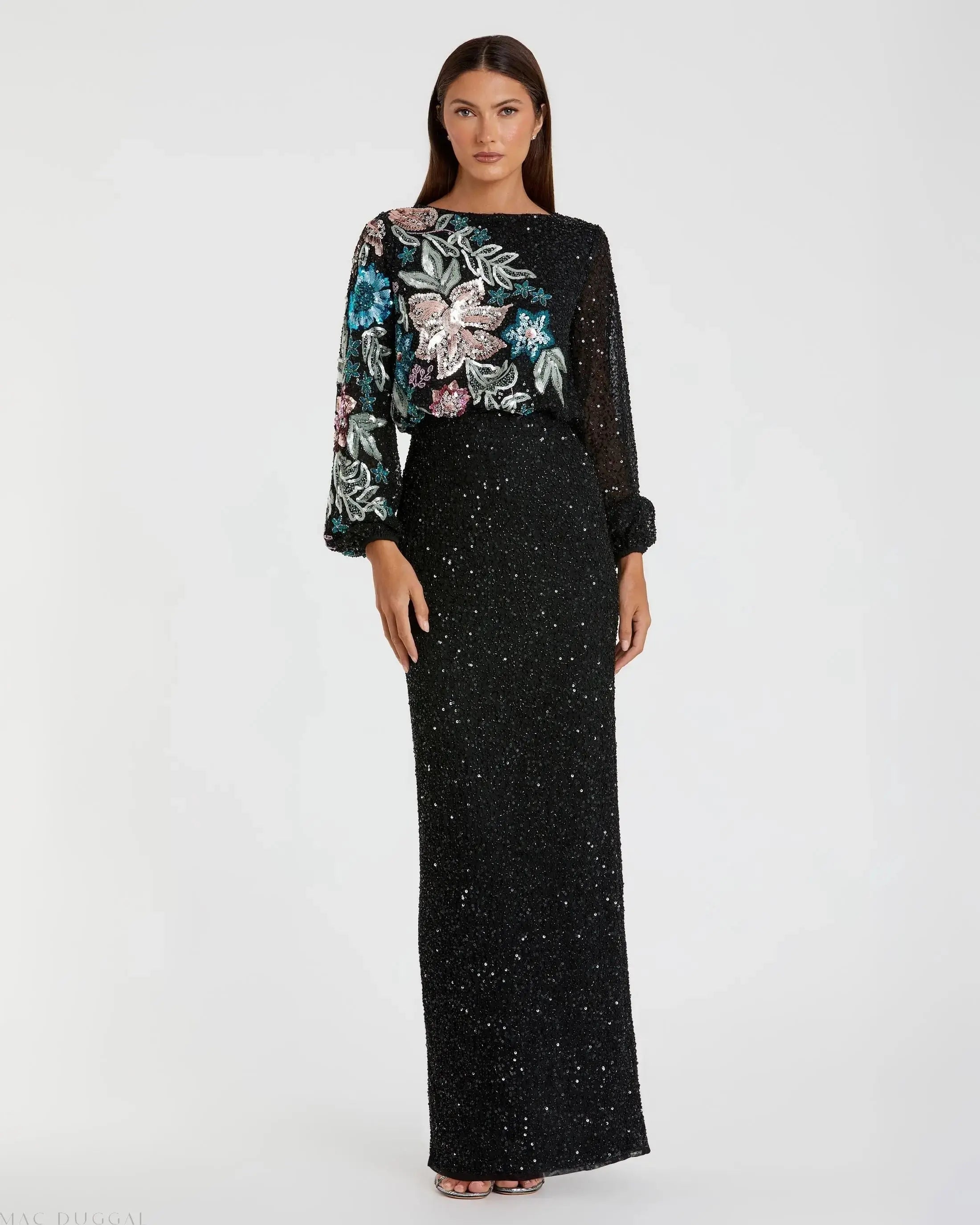Black Embellished Floral High Neck Gown - Mac Duggal