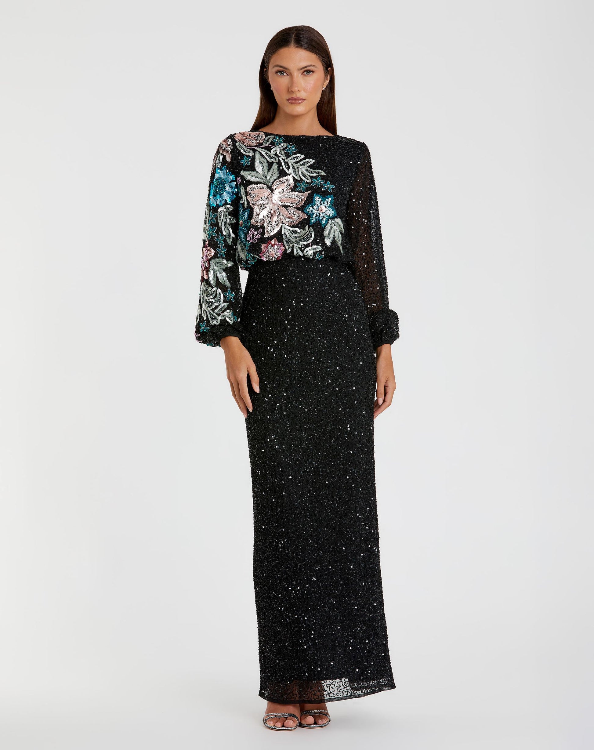 Embellished Multi Color Floral High Neck Gown