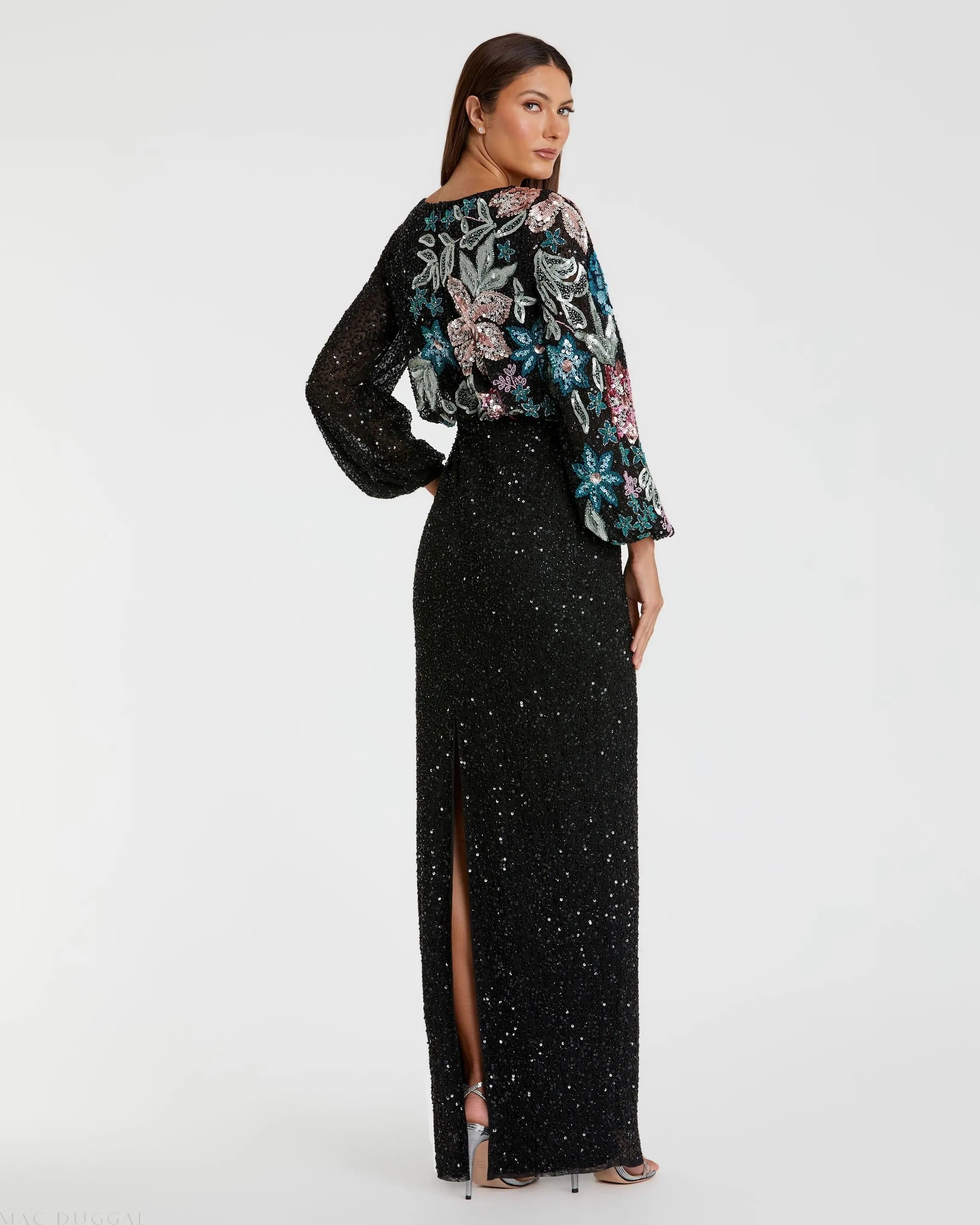 Black Embellished Floral High Neck Gown - Mac Duggal