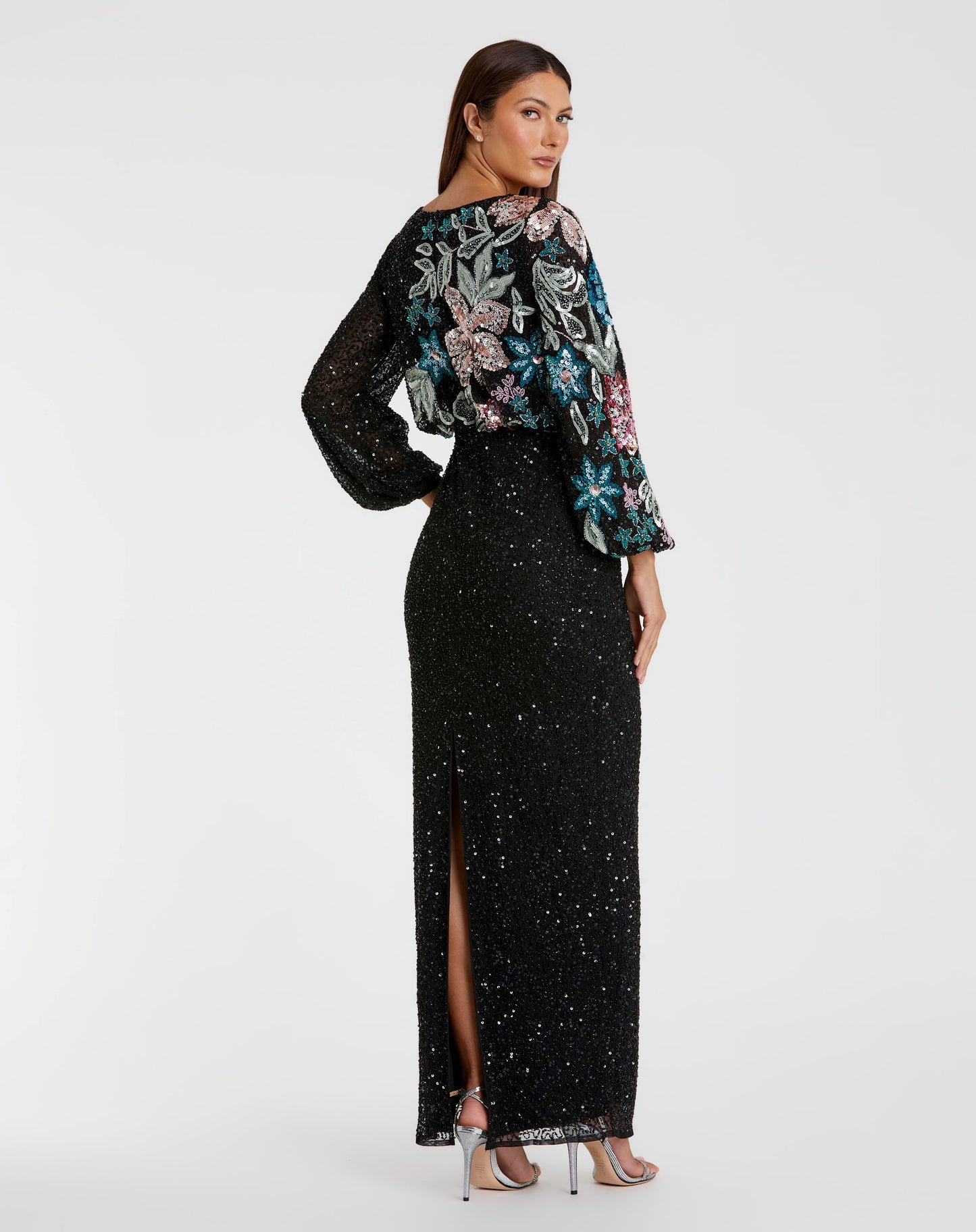 Embellished Multi Color Floral High Neck Gown