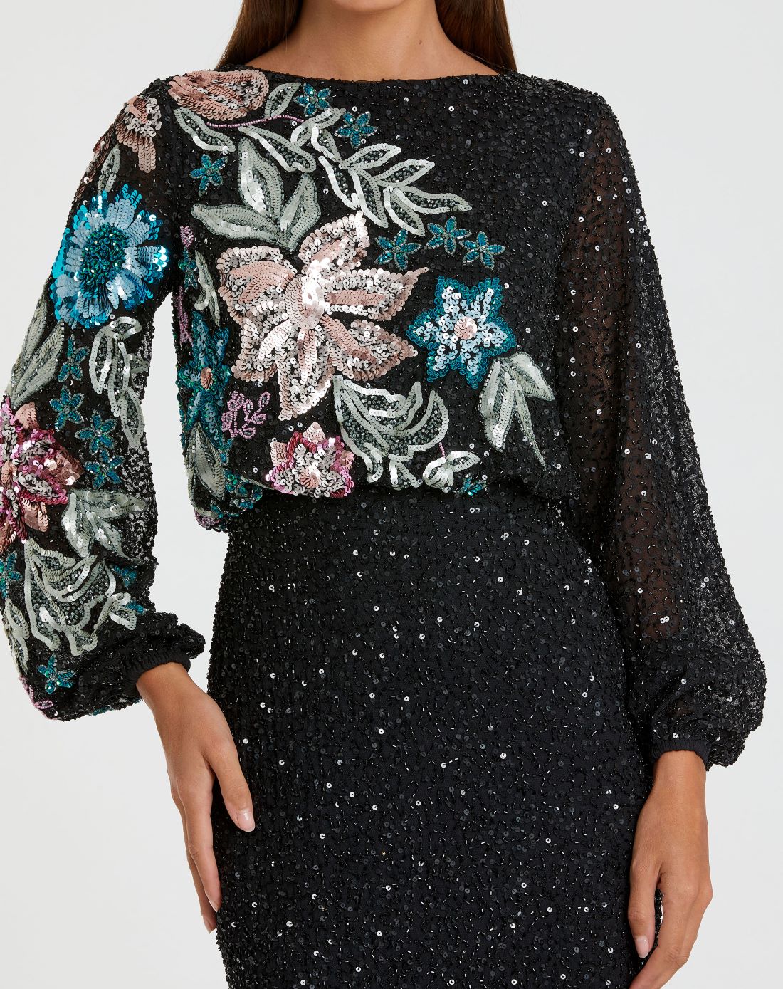 Black Embellished Floral High Neck Gown