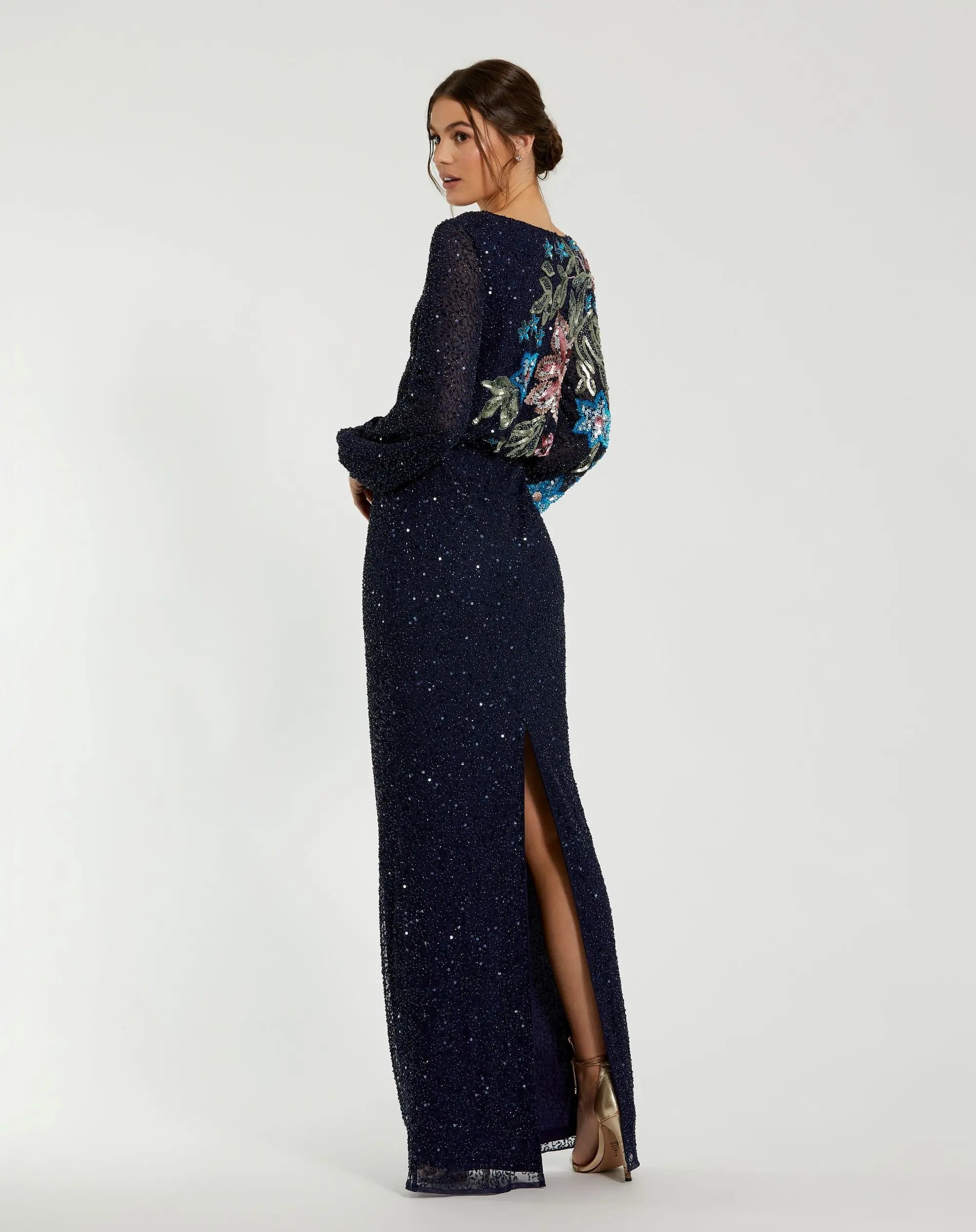 Navy Embellished Multi Color Floral High Neck Gown - Mac Duggal