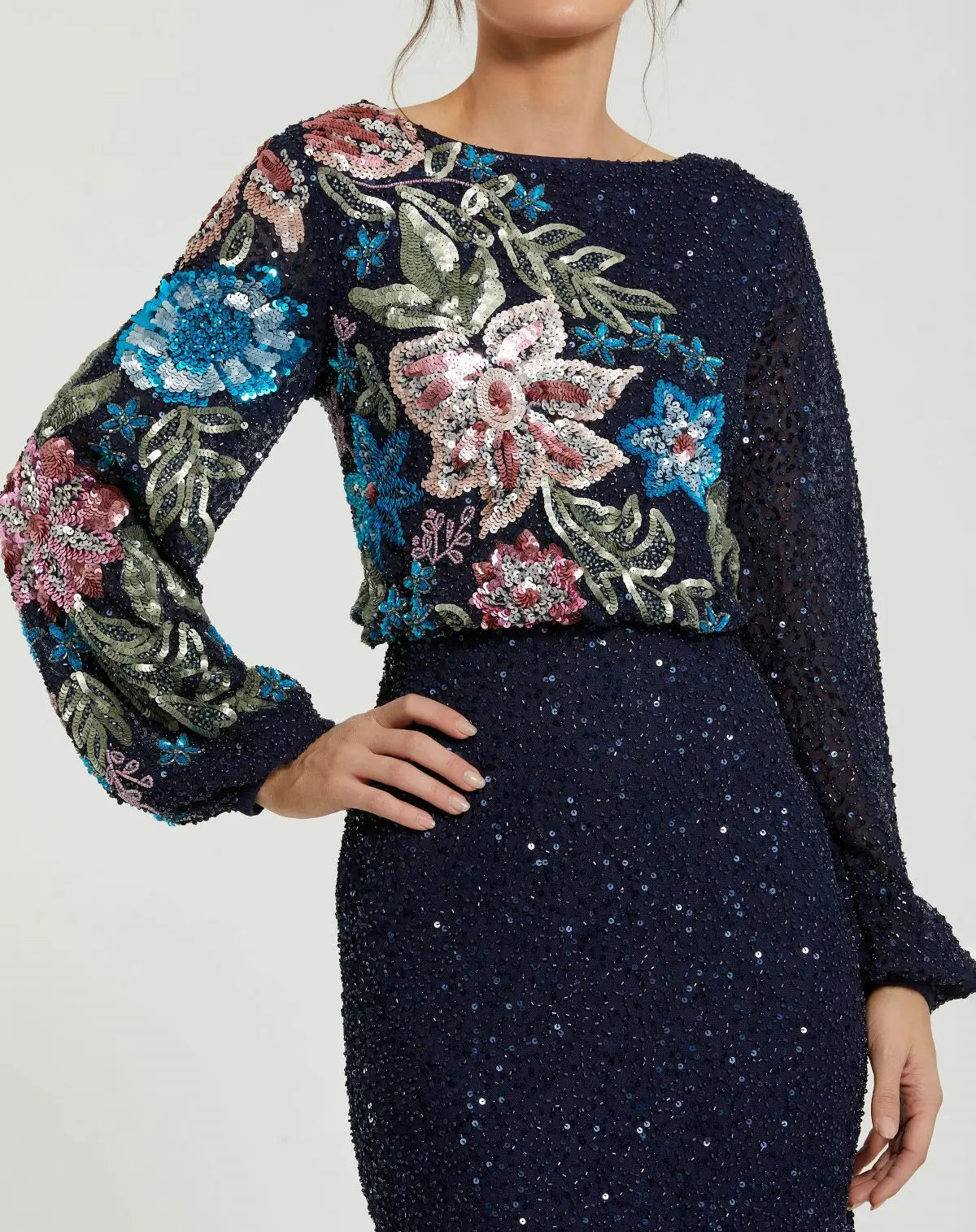 Navy Embellished Multi Color Floral High Neck Gown - Mac Duggal