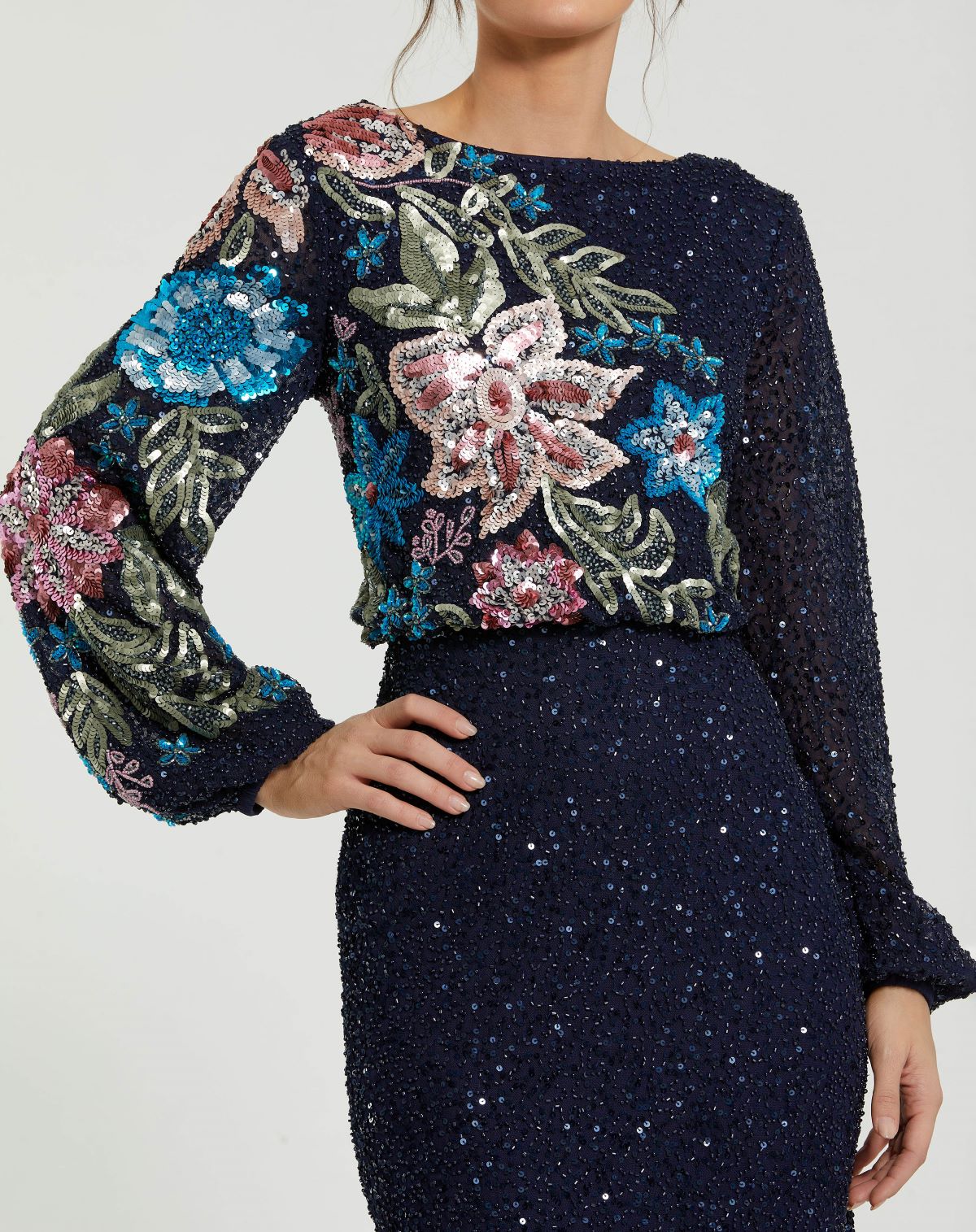 Embellished Multi Color Floral High Neck Gown