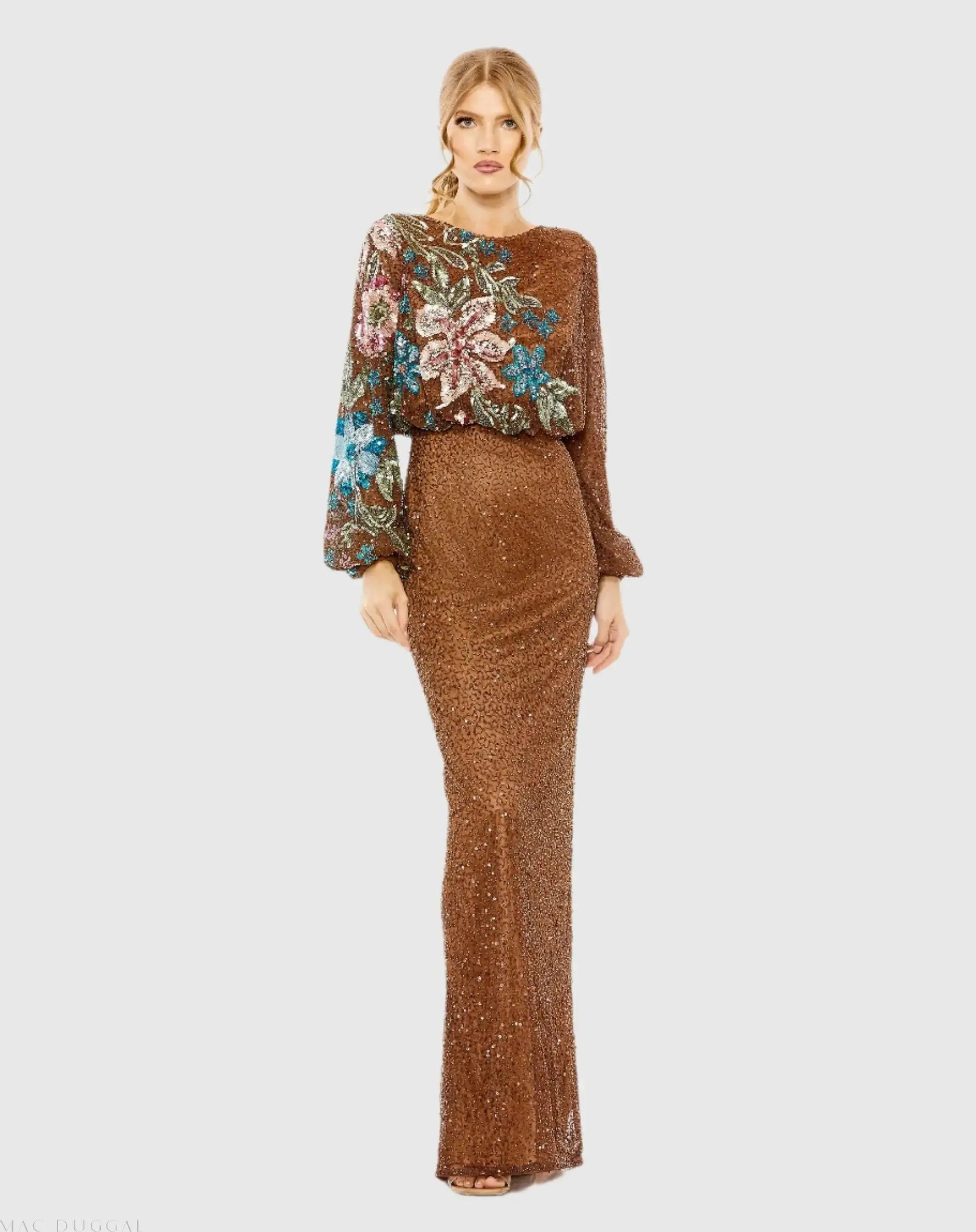 Brown High Neck Long Sleeve Sequin Gown | Mac Duggal Brown High Neck Long Sleeve Sequin Gown | Mac Duggal