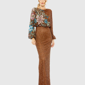 Embellished Multi Color Floral High Neck Gown