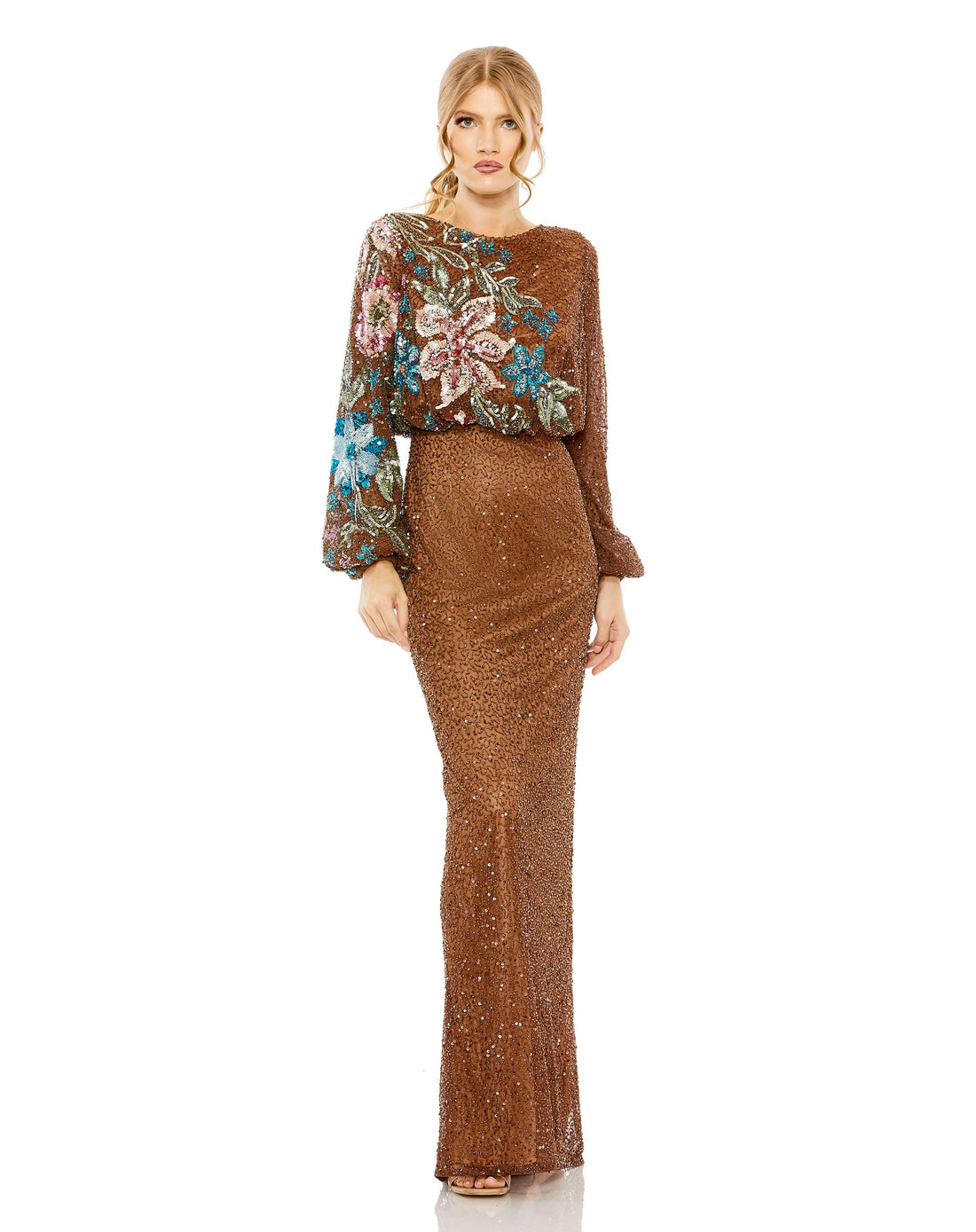 Embellished Multi Color Floral High Neck Gown