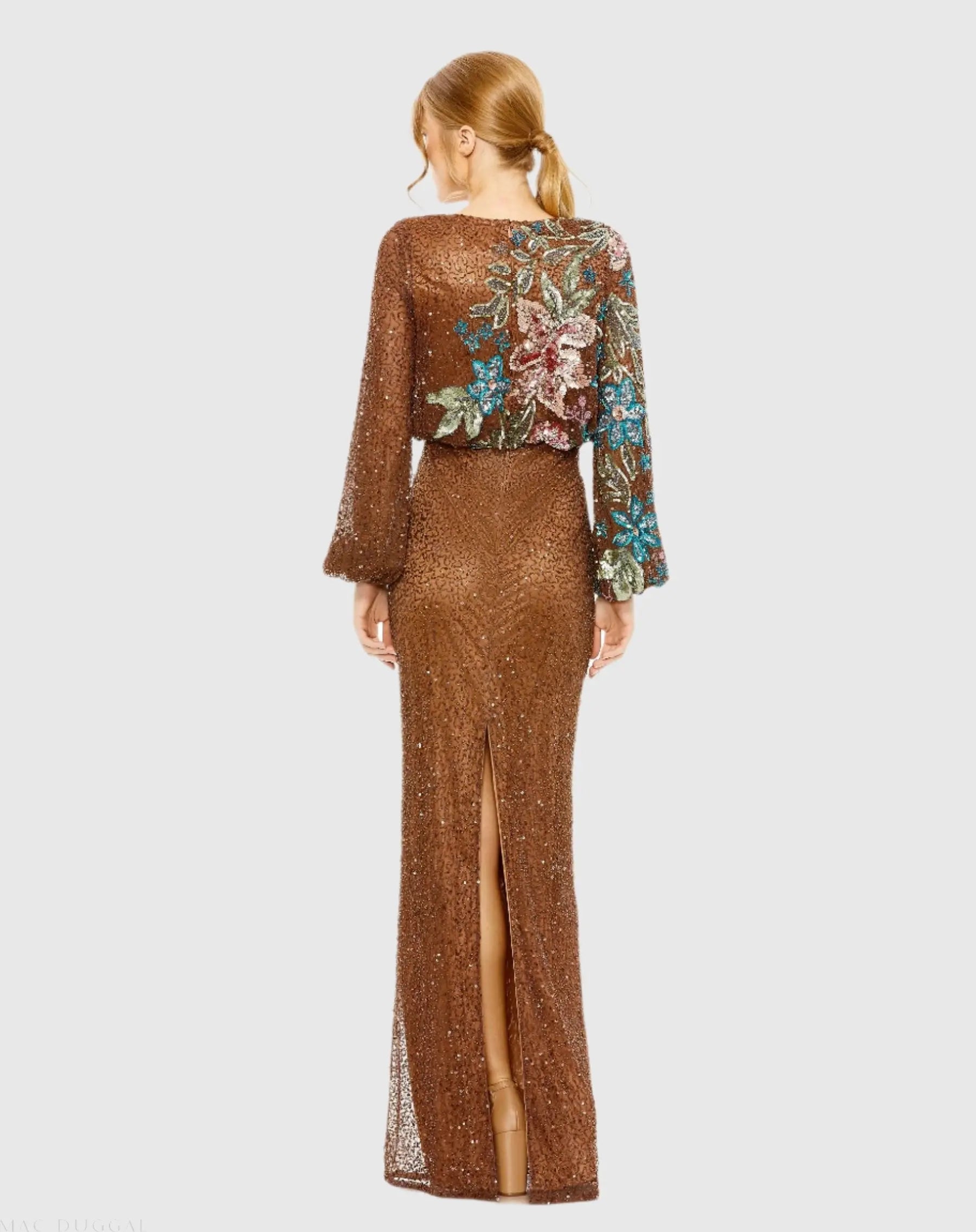 Brown Embellished Floral High Neck Gown - Mac Duggal