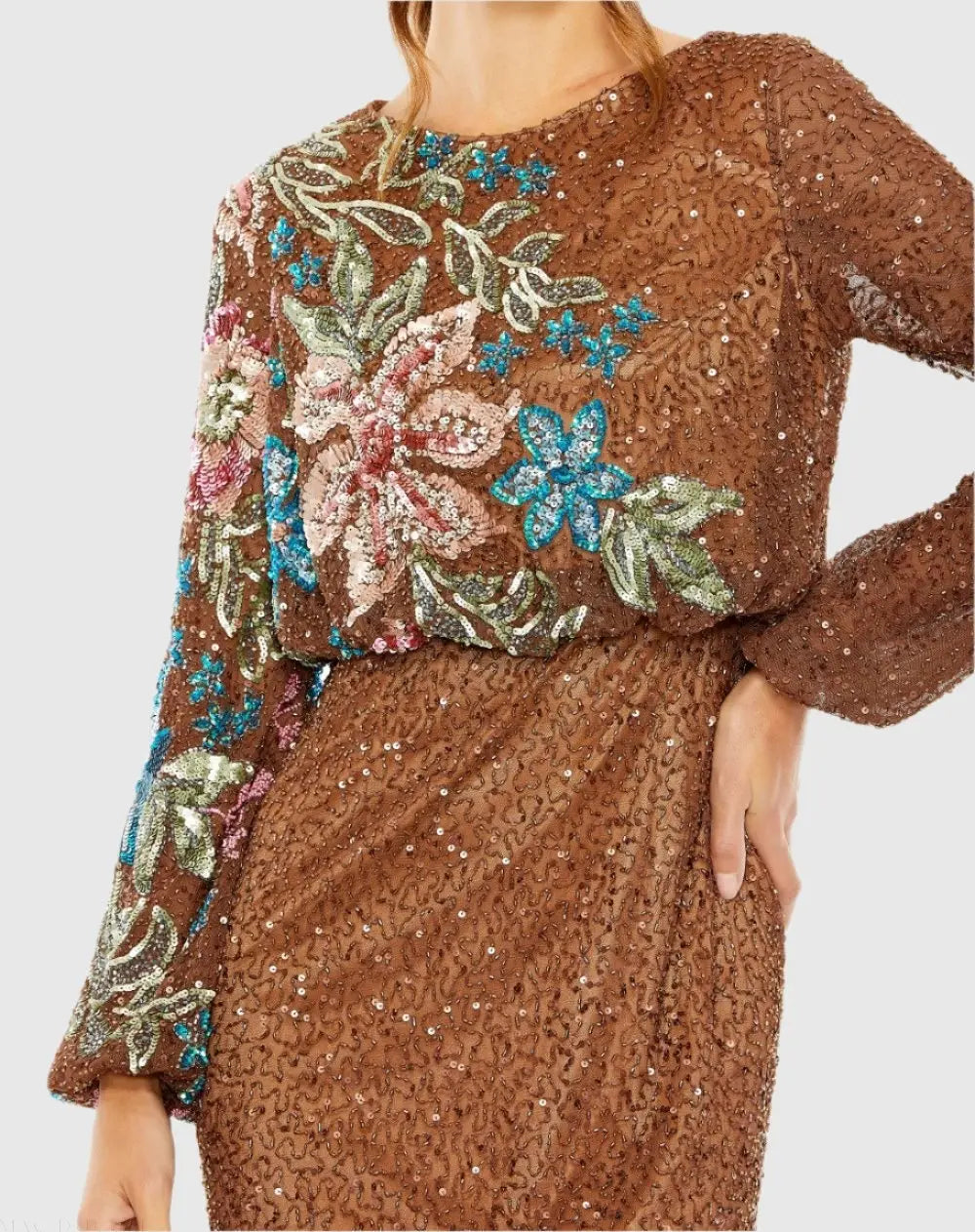 Brown High Neck Long Sleeve Sequin Gown | Mac Duggal Brown High Neck Long Sleeve Sequin Gown | Mac Duggal