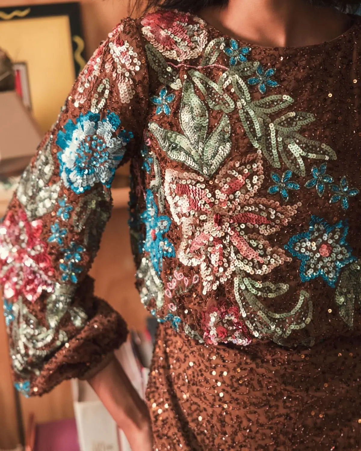 Mac Duggal Embellished Multi Color Floral High Neck Gown, 18 / Mocha Mac Duggal Embellished Multi Color Floral High Neck Gown, 18 / Mocha
