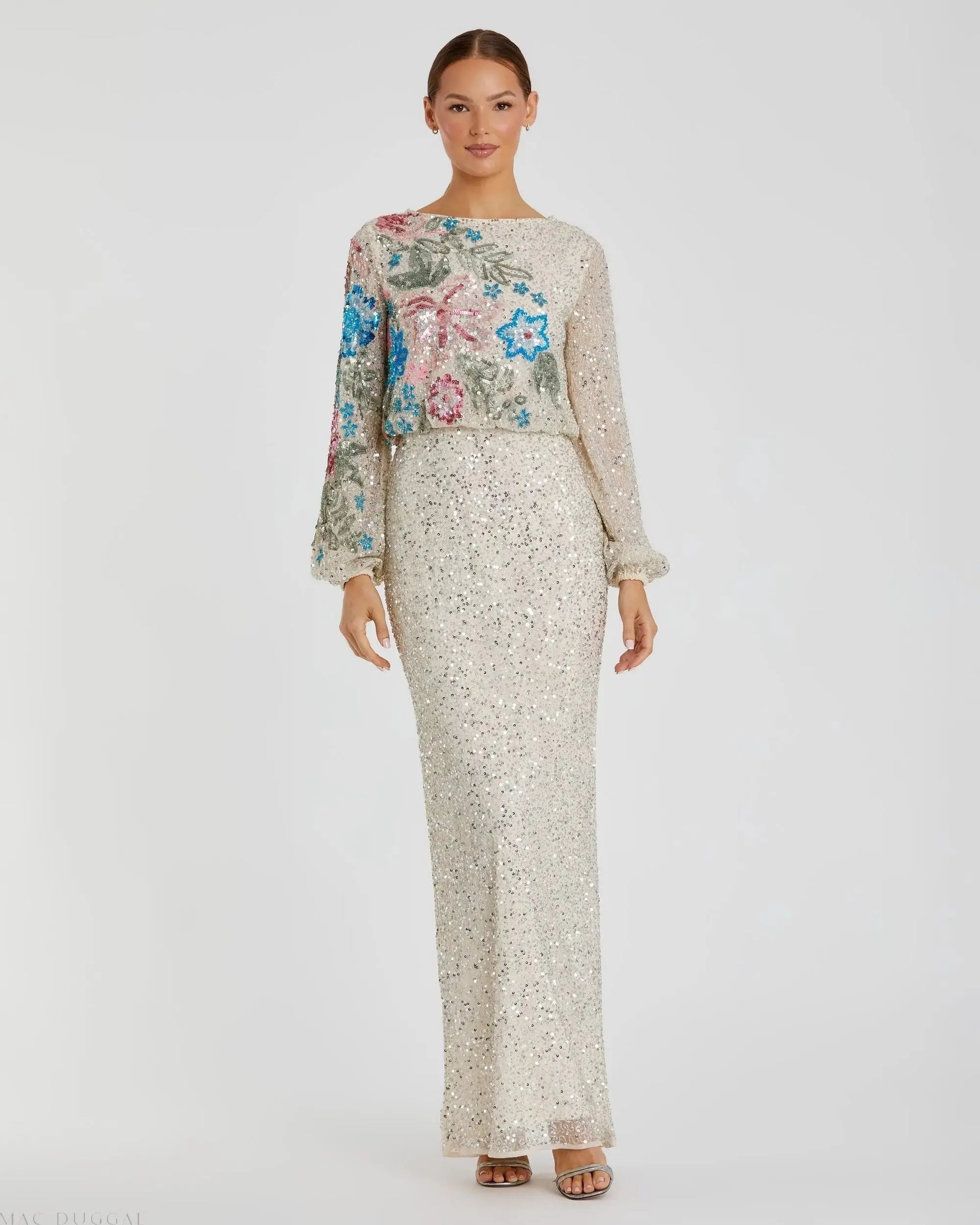 Beige High Neck Long Sleeve Sequin Gown | Mac Duggal Beige High Neck Long Sleeve Sequin Gown | Mac Duggal