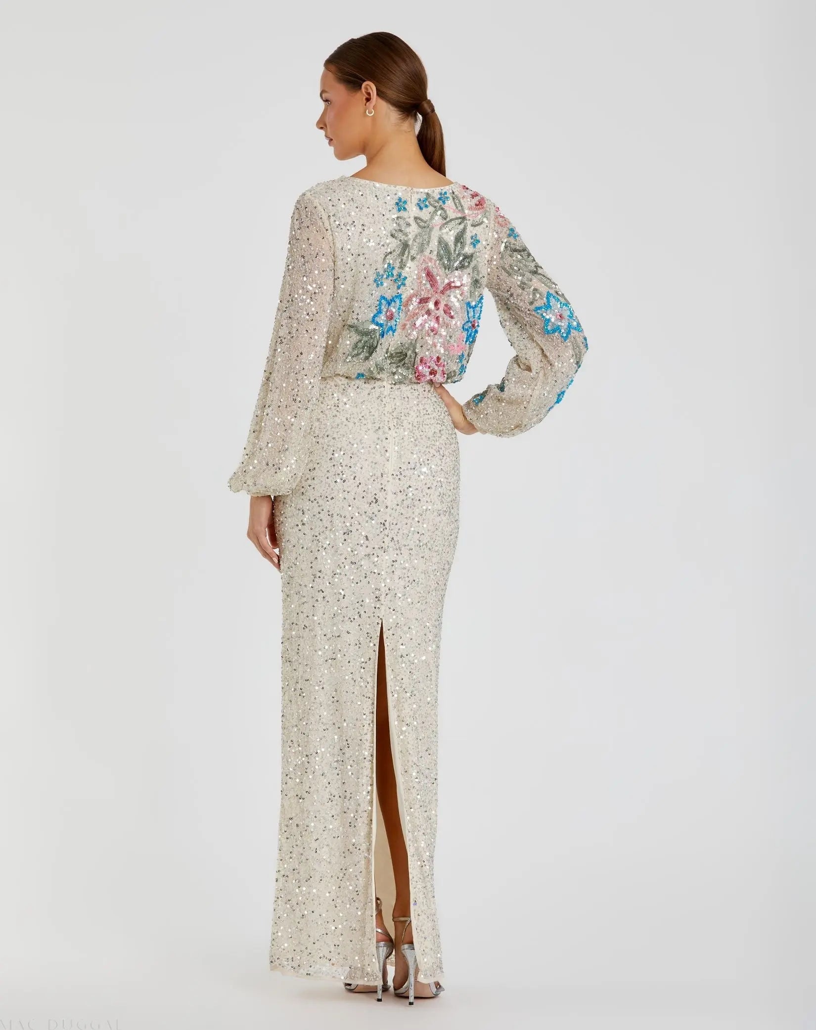 Beige Embellished Floral High Neck Gown - Mac Duggal