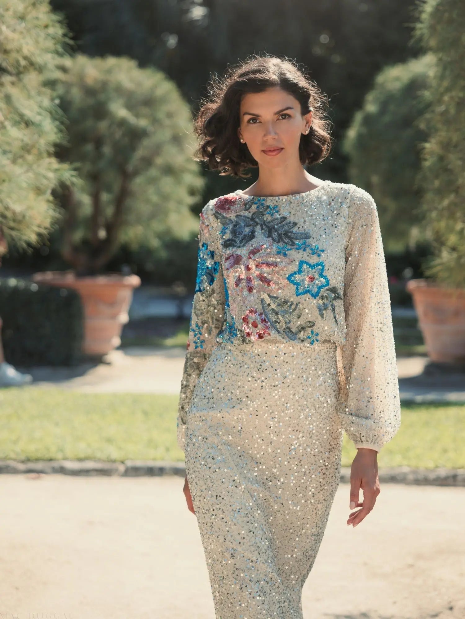 Beige Embellished Floral High Neck Gown - Mac Duggal