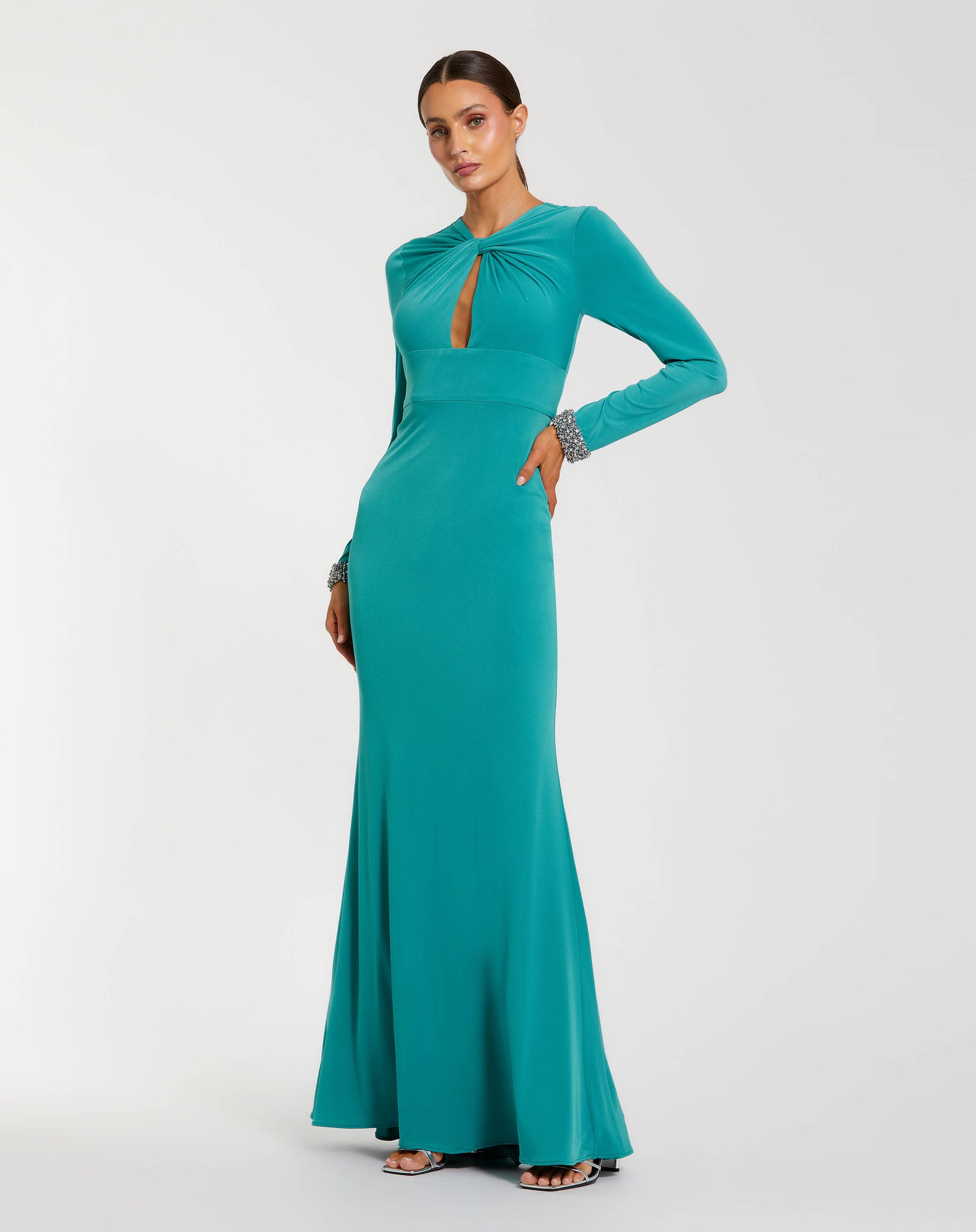 Teal Jersey Long Sleeve Twist Neck Gown - Ieena for Mac Duggal
