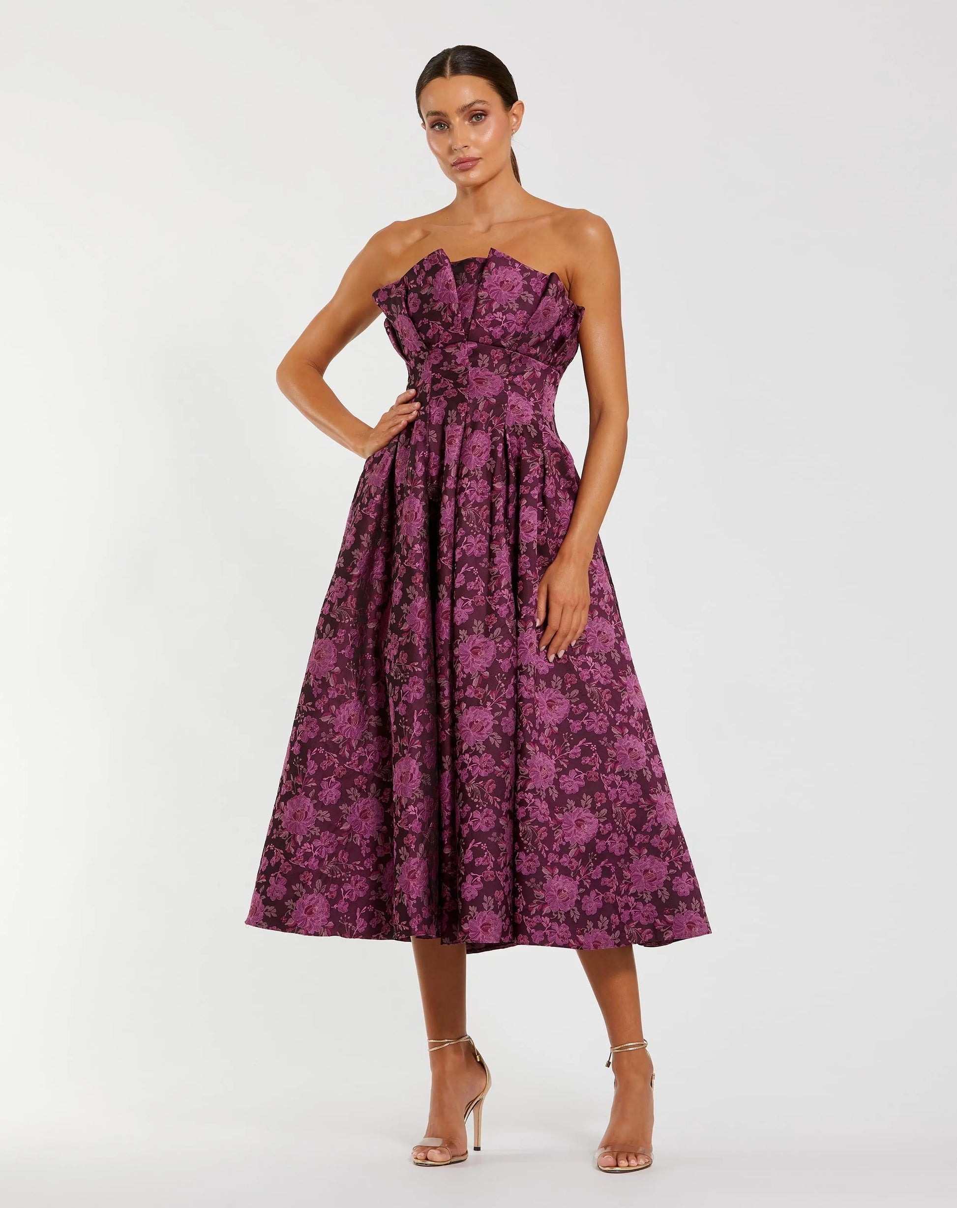 Purple Strapless Floral Brocade A-line Midi Dress | Mac Duggal Purple Strapless Floral Brocade A-line Midi Dress | Mac Duggal