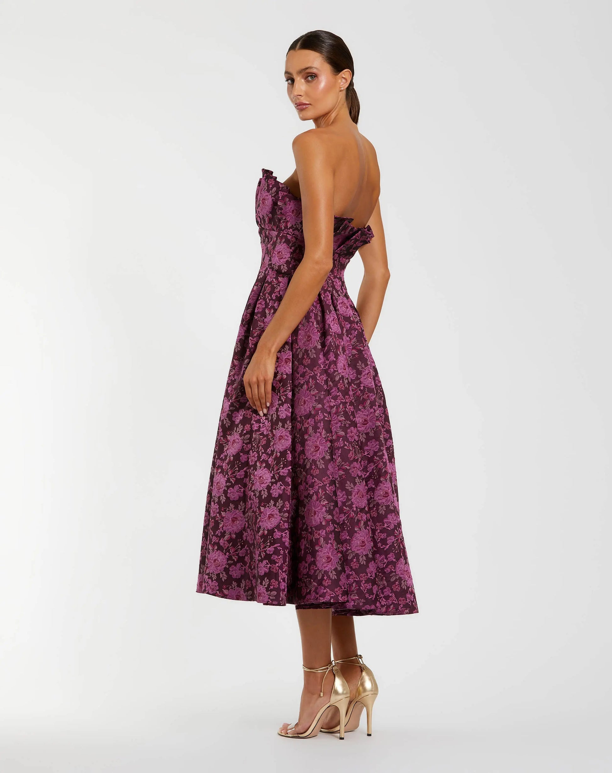 Purple Strapless Floral Brocade A-line Midi Dress | Mac Duggal Purple Strapless Floral Brocade A-line Midi Dress | Mac Duggal