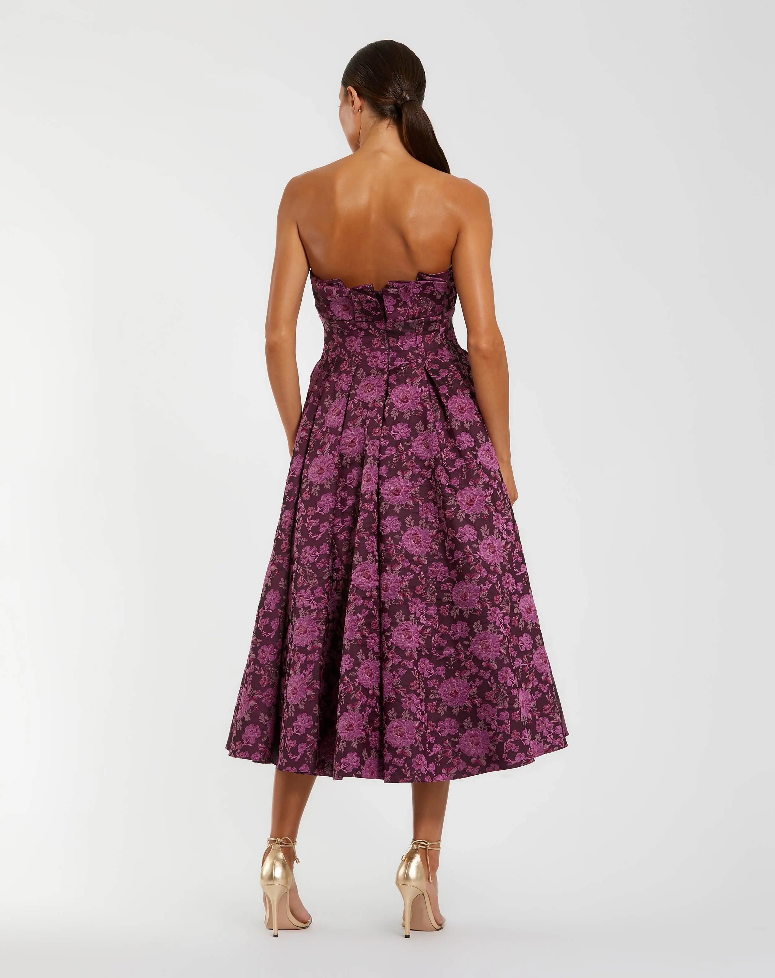 Purple Strapless Floral Brocade A-line Midi Dress - Ieena for Mac Duggal