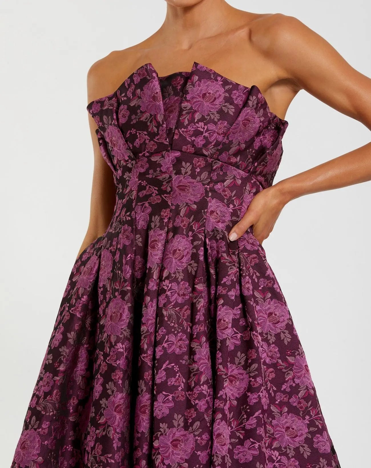 Purple Strapless Floral Brocade A-line Midi Dress - Ieena for Mac Duggal
