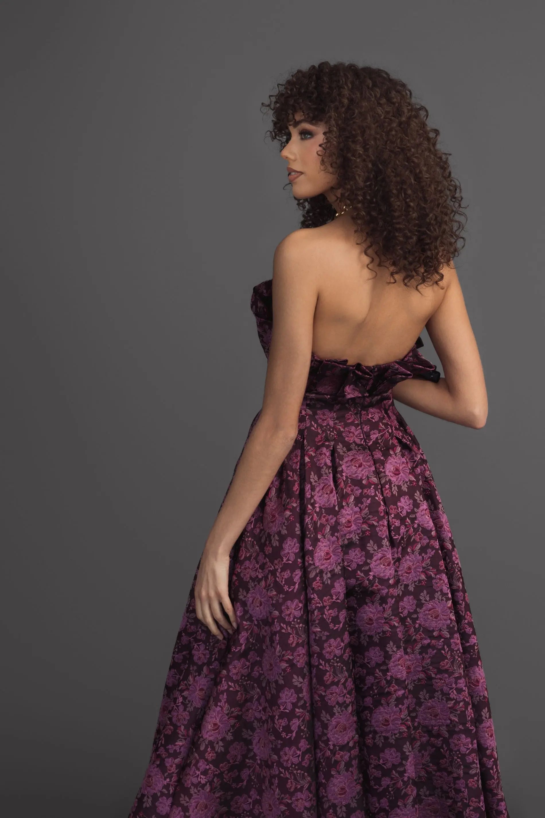 Purple Strapless Floral Brocade A-line Midi Dress | Mac Duggal Purple Strapless Floral Brocade A-line Midi Dress | Mac Duggal