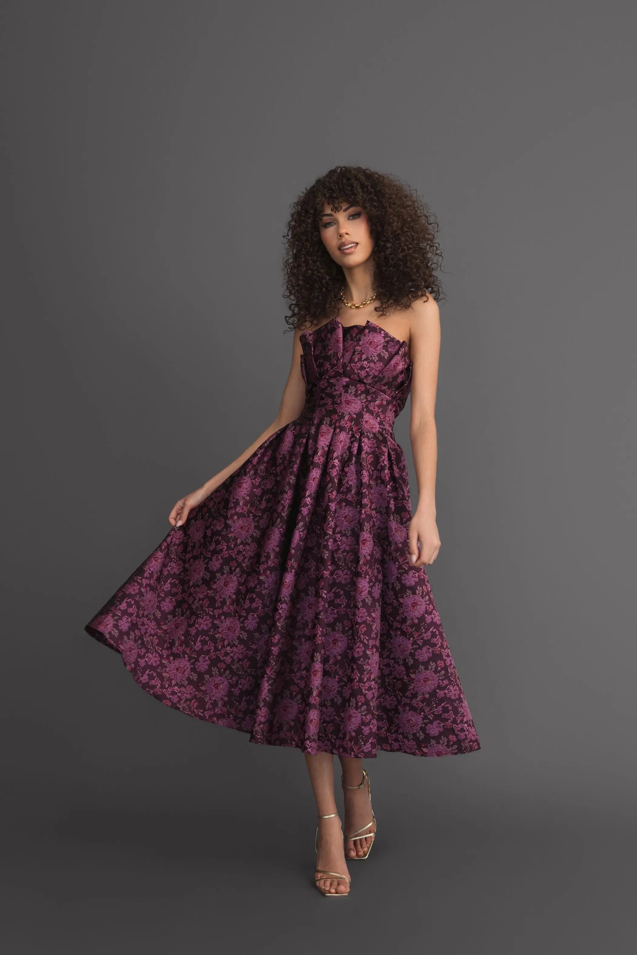 Purple Strapless Floral Brocade A-line Midi Dress Ieena for Mac Duggal