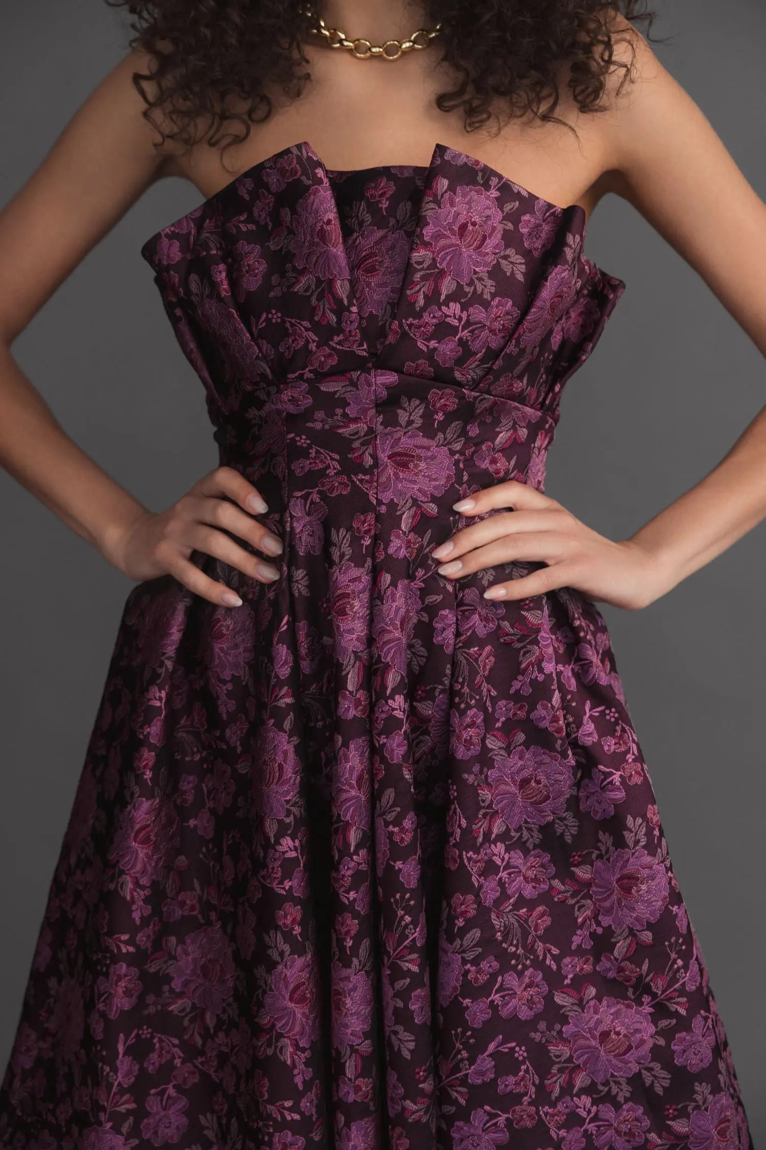 Purple Strapless Floral Brocade A-line Midi Dress Ieena for Mac Duggal