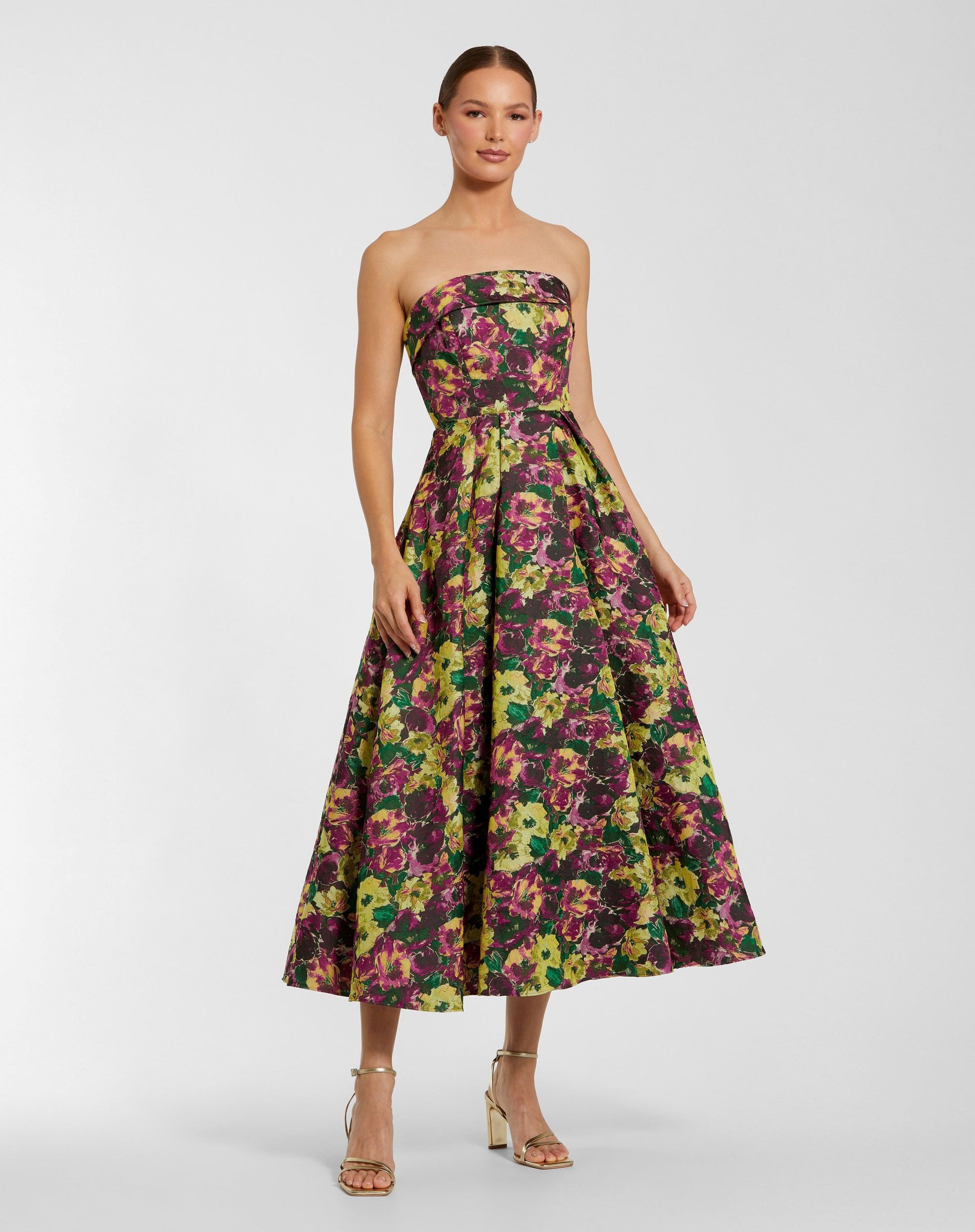 Multicolor Strapless Brocade A-Line Midi Dress