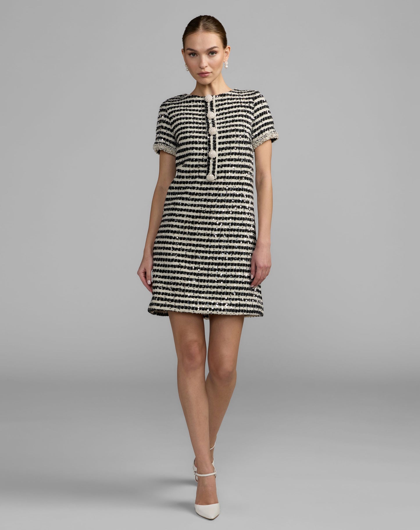 Black and White Striped Button Up  Boucle Mini Dress - Mac Duggal
