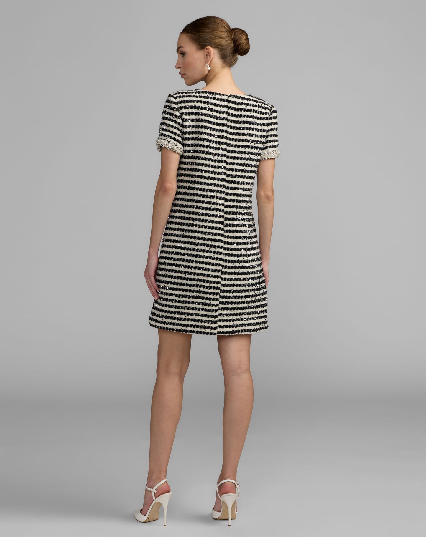 Black and White Striped Button Up  Boucle Mini Dress - Mac Duggal
