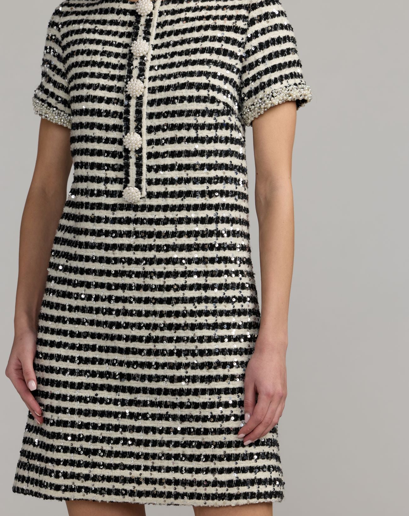 Black and White Striped Button Up  Boucle Mini Dress - Mac Duggal